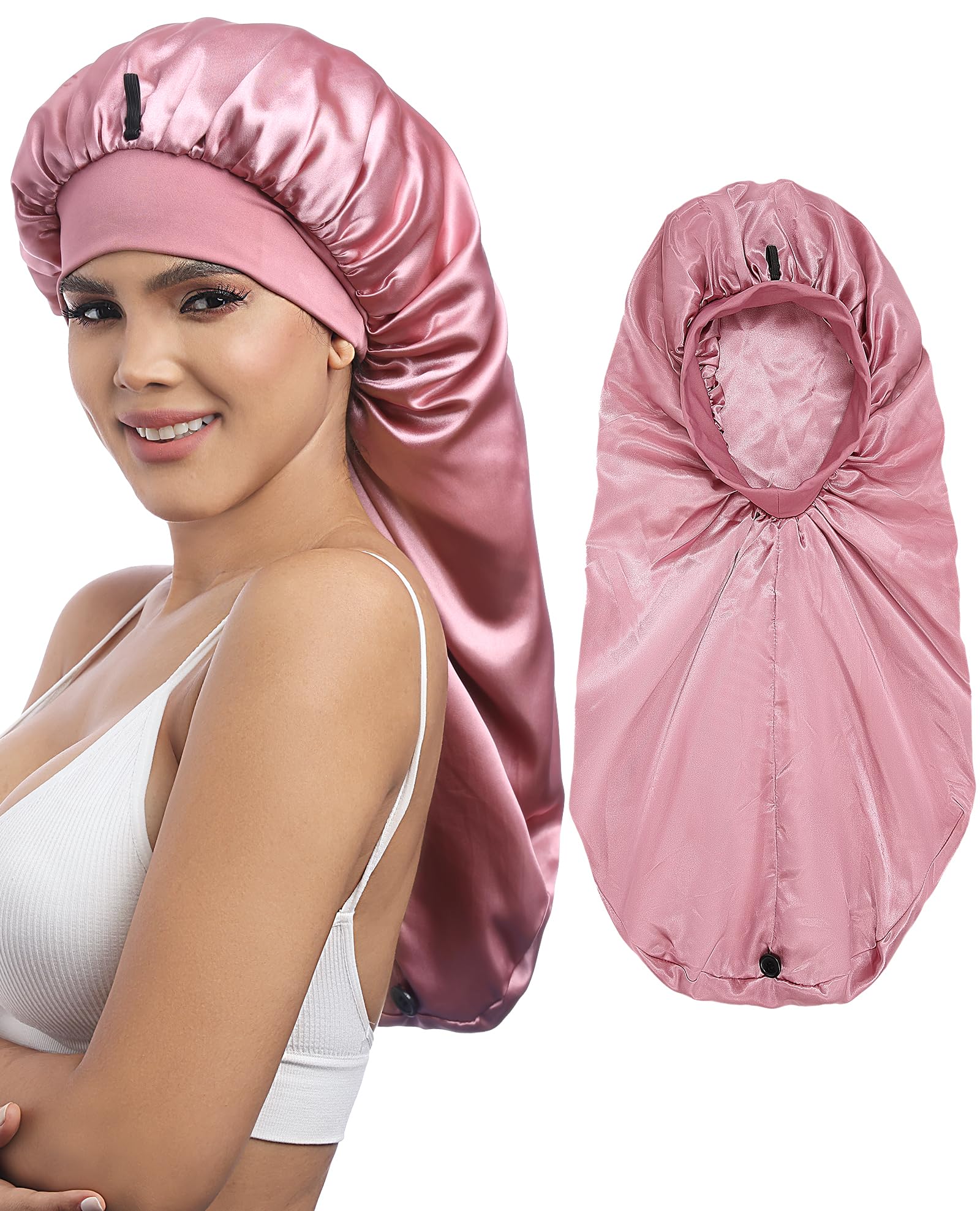 AWAYTR Long Satin Braids Bonnet for Women - 2 Layer Silk Bonnet for Braids Elastic Hair Sleeping Cap with Wide Band Nightcap (Pa