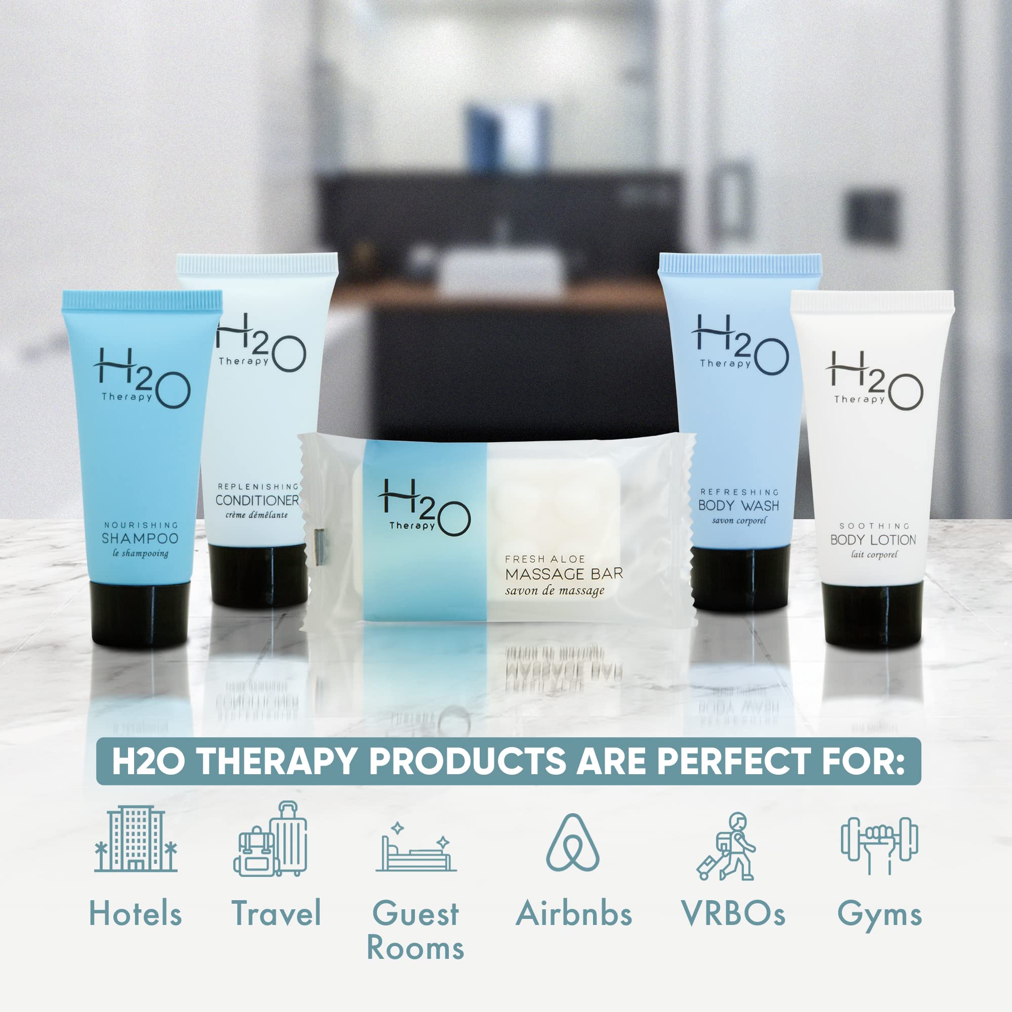 H2O Therapy Hotel Soaps And Toiletries Bulk Set  1-Shoppe All-In-Kit Amenities For Hotels & Airbnb  .85Oz Hotel Shampoo & Condit