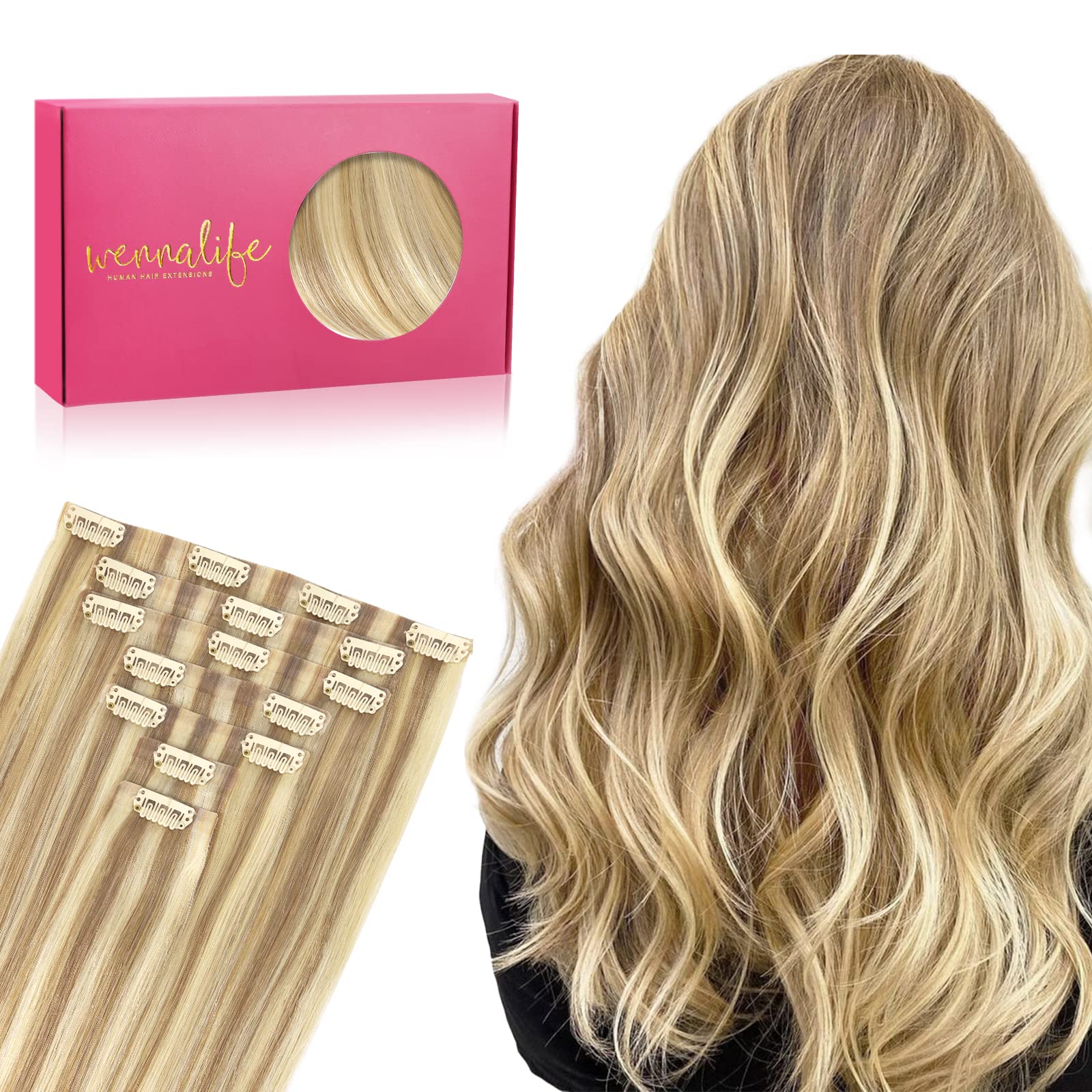 Wennalife Seamless Clip In Hair Extensions, 22 Inch 7Pcs 150G Light Blonde Highlighted Golden Blonde Hair Extensions Clip In Rea