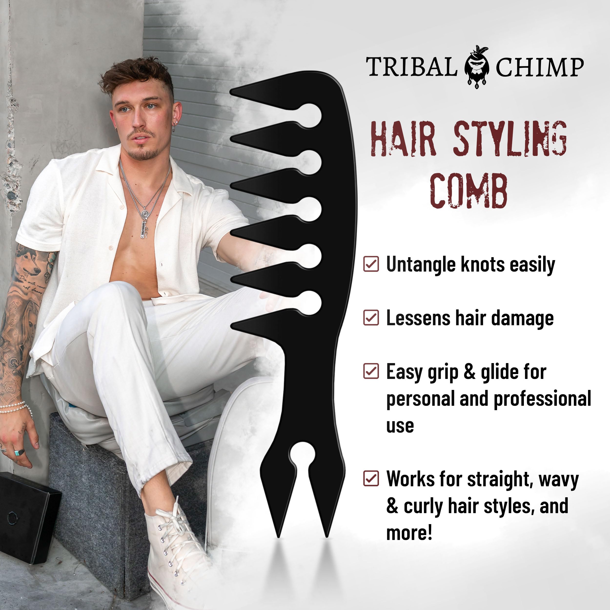 Tribal Chimp Hair Styling Comb, Wide Tooth Comb for Straight, Wavy, Curly, Colored Hair for Personal, Pro Use - Black