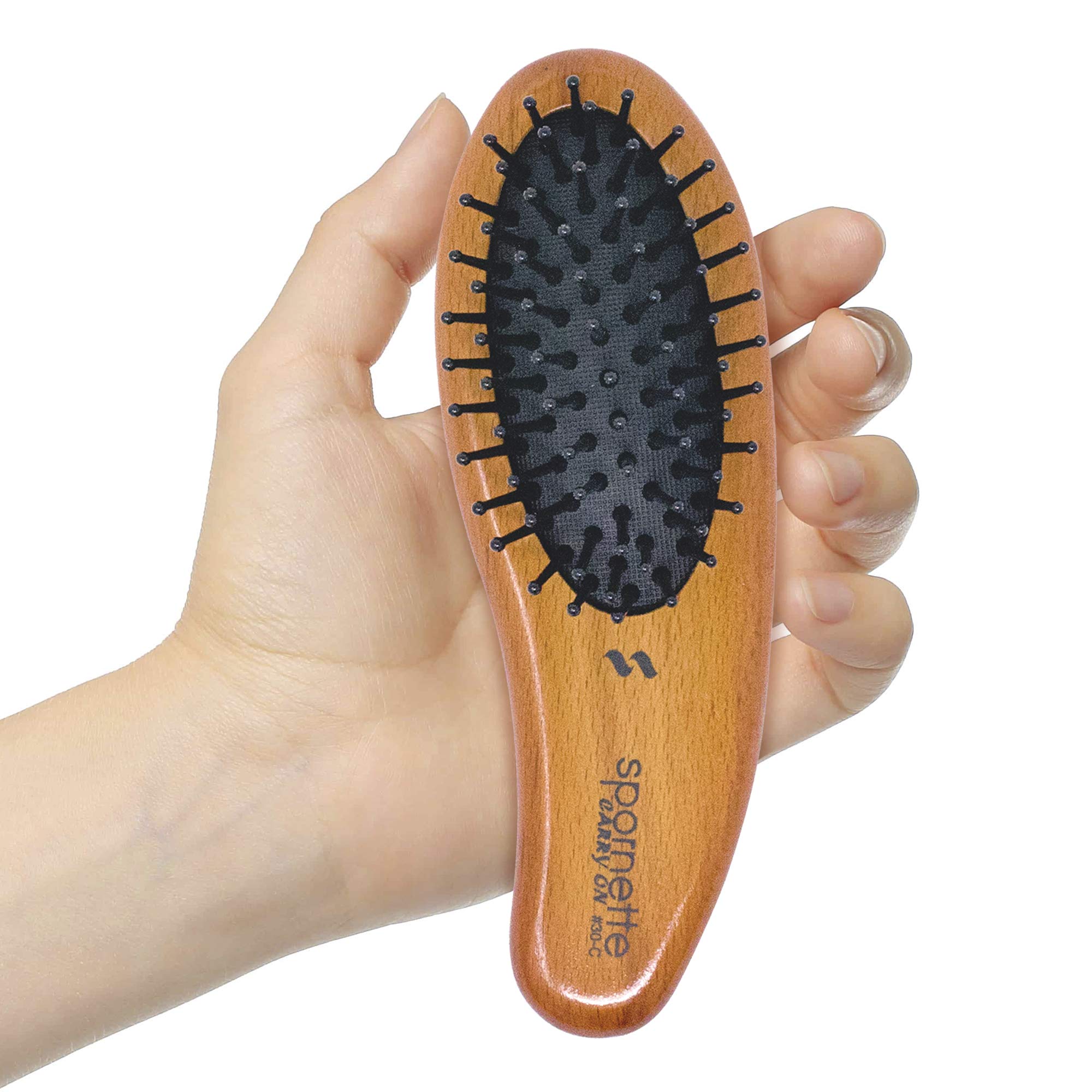 Spornette Carry On Wooden Handle Oval Cushion Mini Hair Brush #30-C Travel Size Brush Fits in Purse or Carry-On Bag for Quick Br