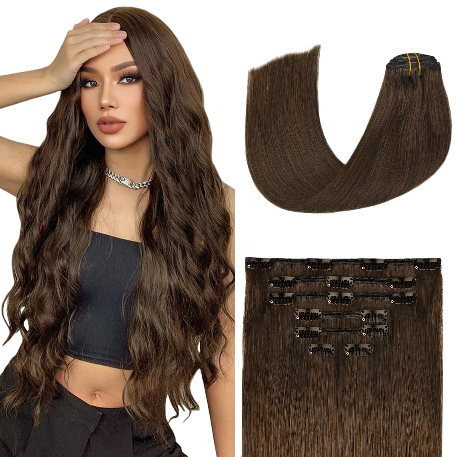 Aison Medium Brown Clip in Hair Extensions Real Human Hair 85G 100% Remy Human Hair Clip in Extensions Soft Silky Straight 7pcs 