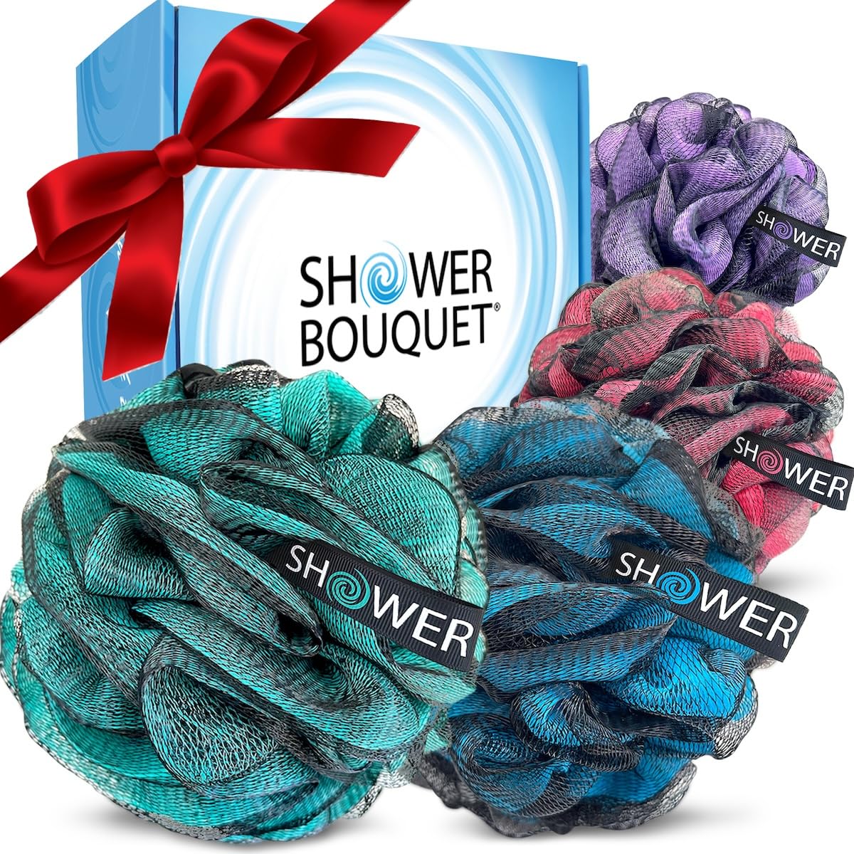Loofah-Charcoal Bath-Sponge-Color-Set Xl-75G By Shower Bouquet - Extra Large 4 Pack, Soft Mesh Black Bamboo Loufa Puff - Exfolia