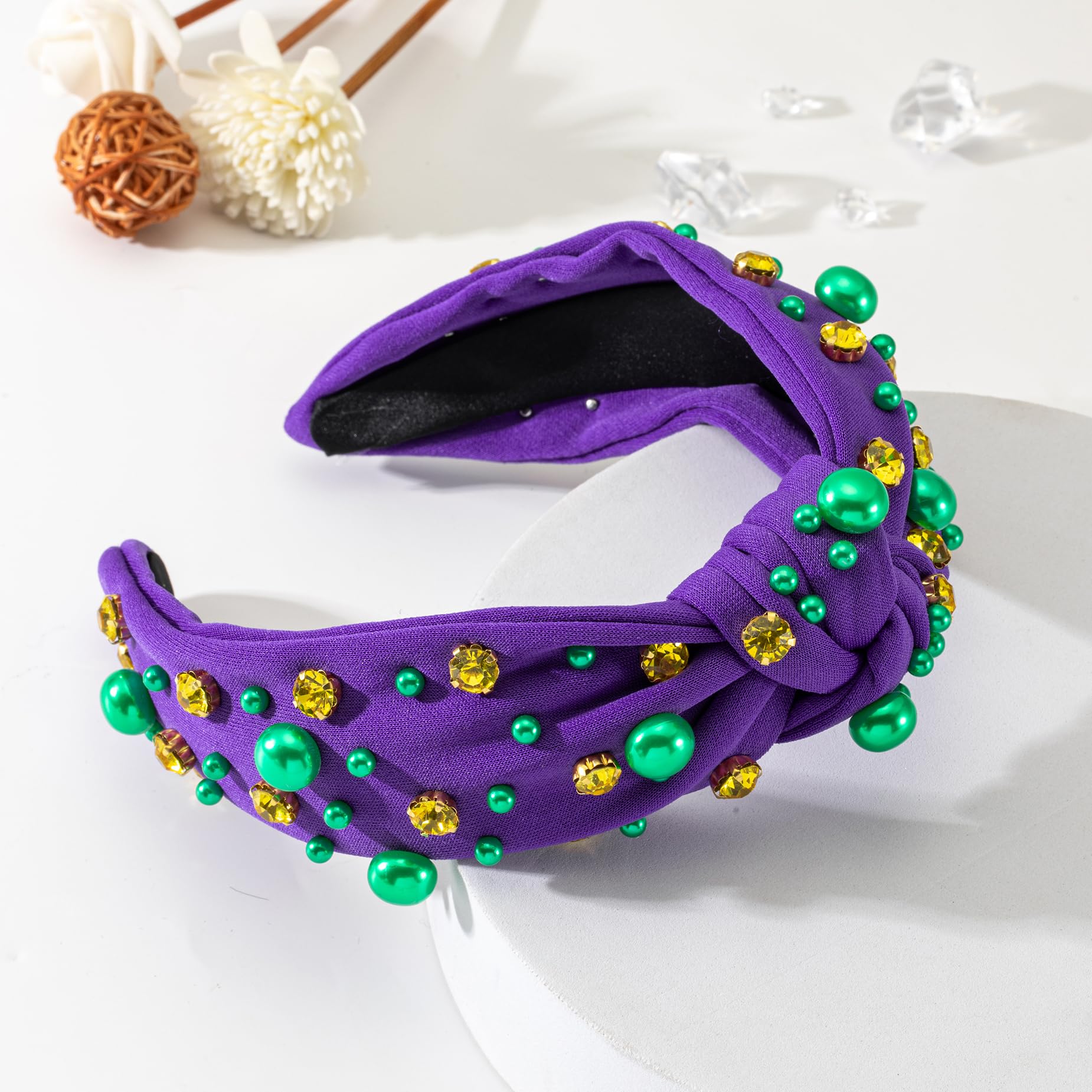 Mixcbe Hairband, Mardi Gras Headband for Women Holiday Purple Green Yellow Pearl Crystal Jeweled Knotted Purple Hairband Outfits