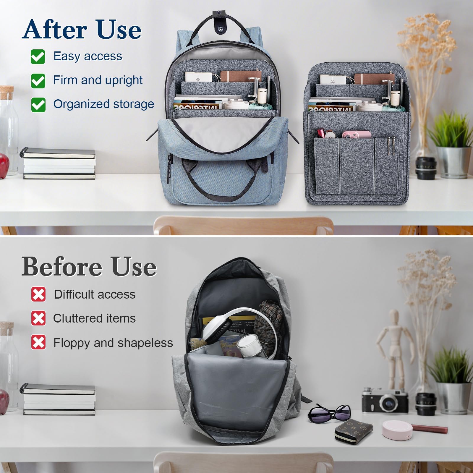APSOONSELL Large Backpack Organizer Insert Felt Bag Organizer with Zipper Backpack Shaper Foldable Tote Organizer for Rucksack S