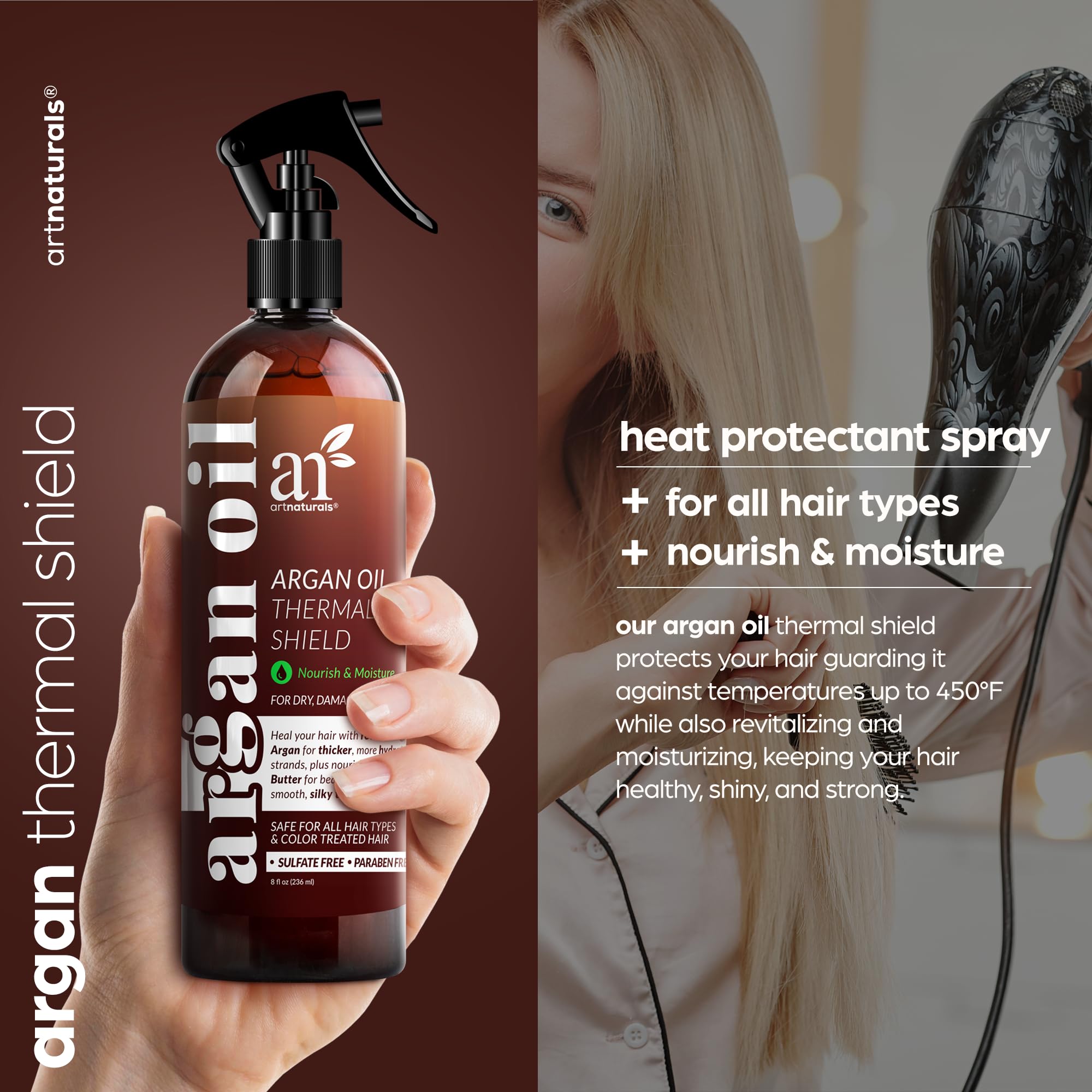 Artnaturals Thermal Hair Protector Spray - (8 Fl Oz / 236ml) - Heat Protectant Spray against Flat Iron Heat - Argan Oil Preventi