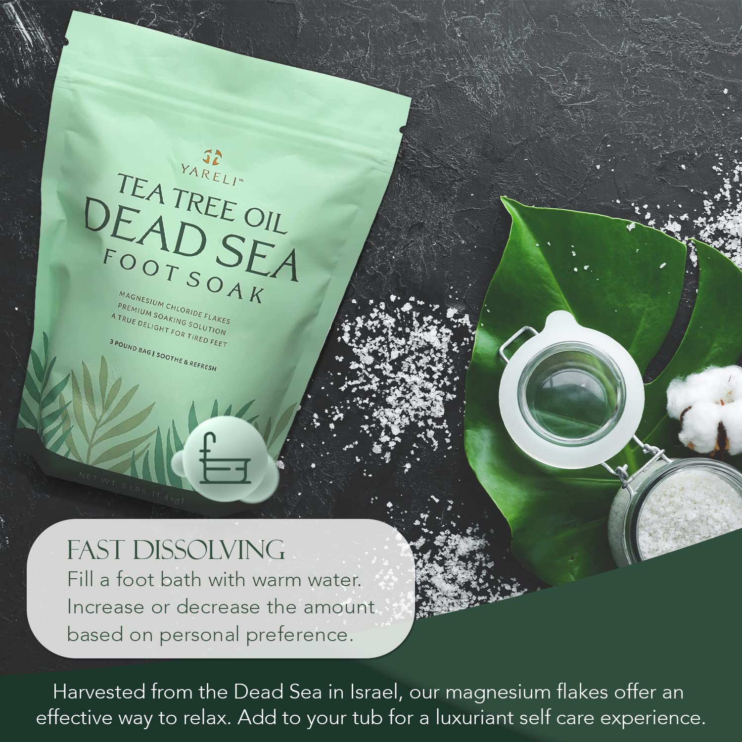 Yareli Tea Tree Oil Foot Soak, Dead Sea Magnesium Bath Salt Flakes With Essential Oils, 3Lb