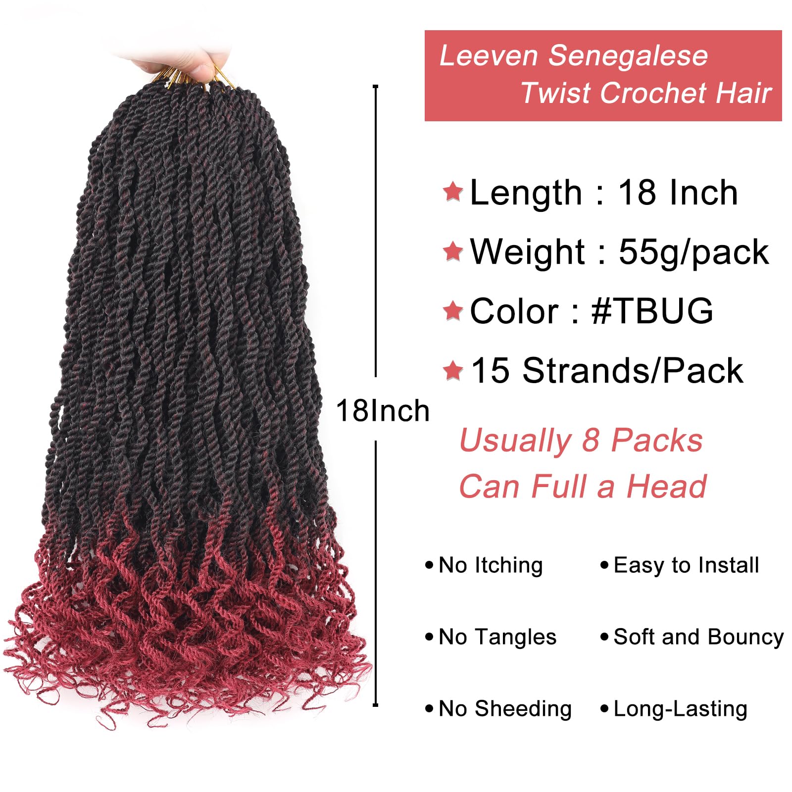 Leeven 18 Inch Burgundy Senegalese Twist With Curly Ends 8 Packs Ombre Red Hanava Twist Crochet Hair Pre Twisted Kinky Twsit Pre