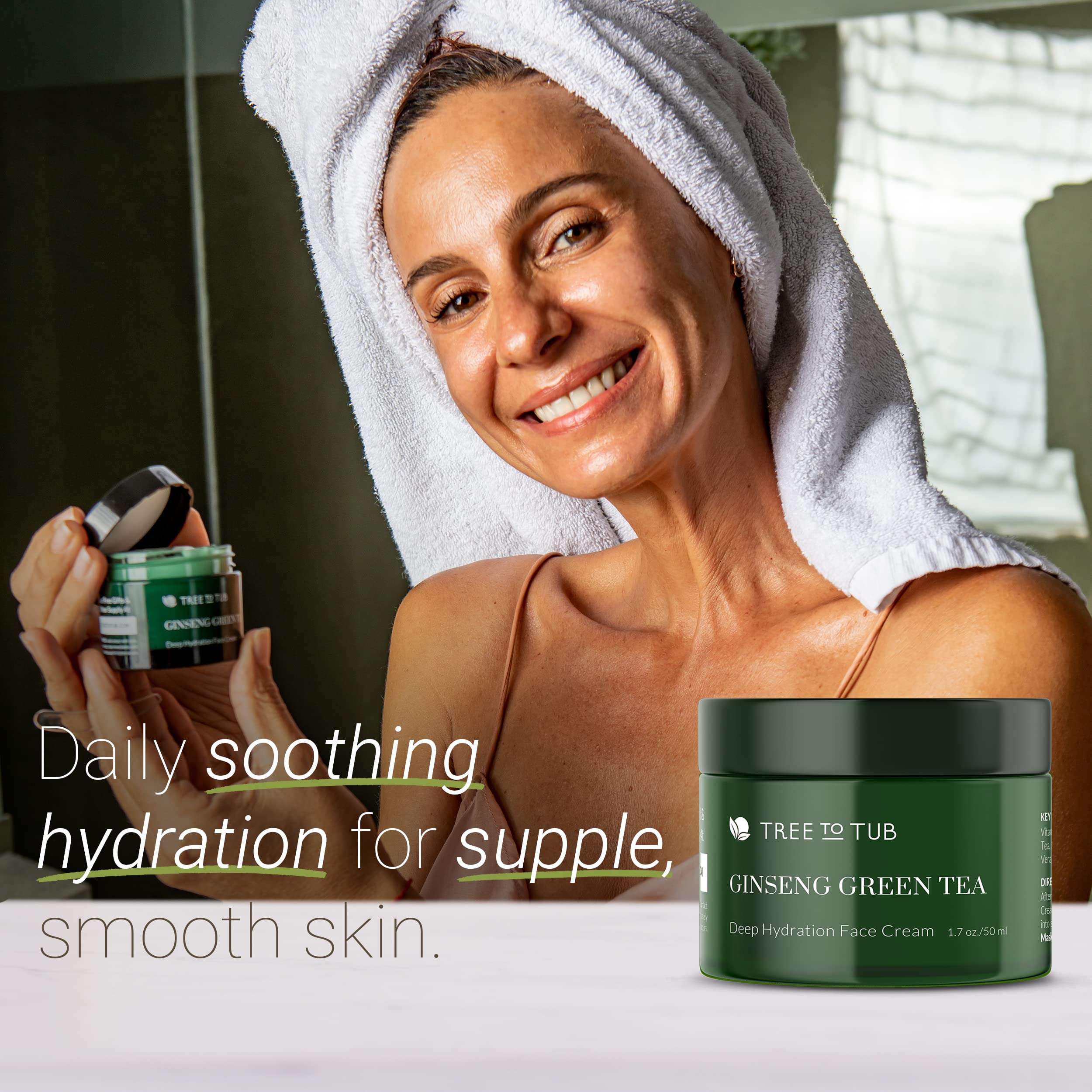 Tree to Tub Hydrating Face Moisturizer 1.7oz for Dry & Sensitive Skin - Water-Based Hyaluronic Acid, Organic Aloe, Green Tea, Ginseng