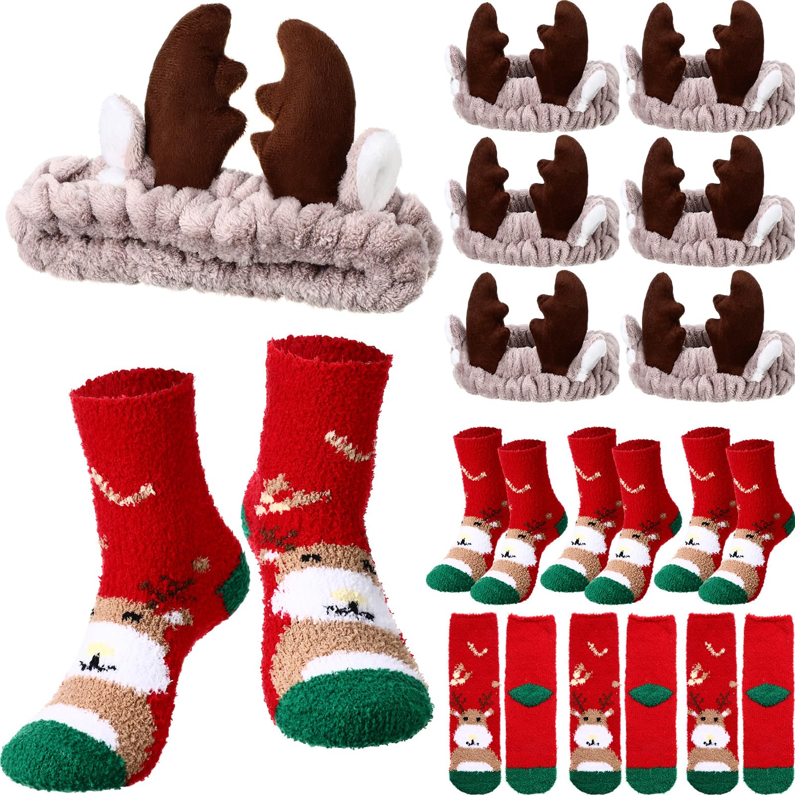 Hoteam 12 pieces Christmas Antlers Headband Fuzzy Socks Deer Ear Headbands Elk Headband with Christmas Holiday Socks for Christm