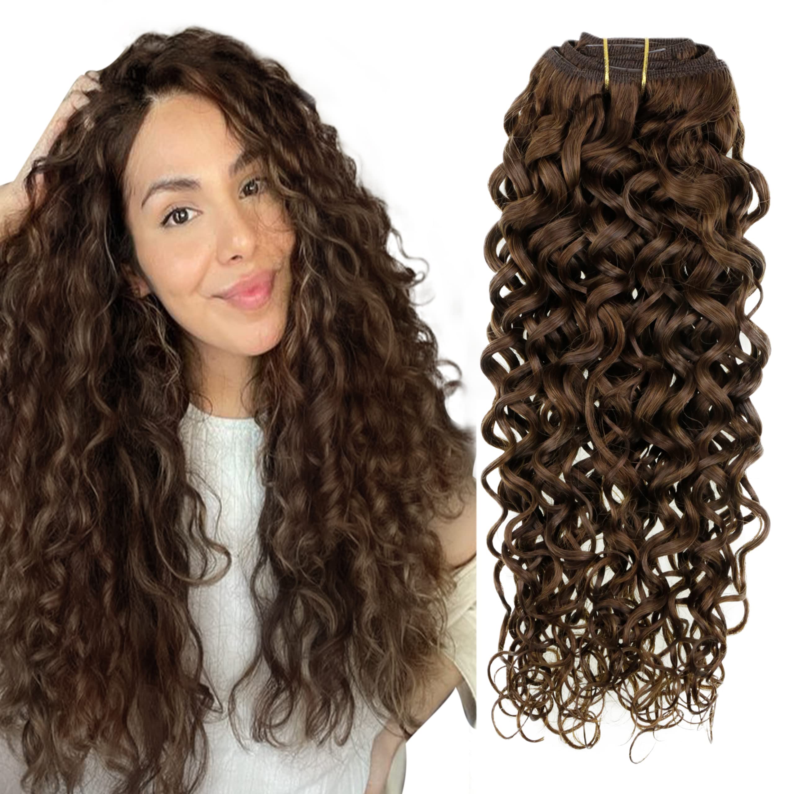 Hetto Natural Curly Clip in Extensions Human Hair 22 Inch #4 Chocolate Brown Clip in Human Hair Extensions 105+20g 7 Pieces Full