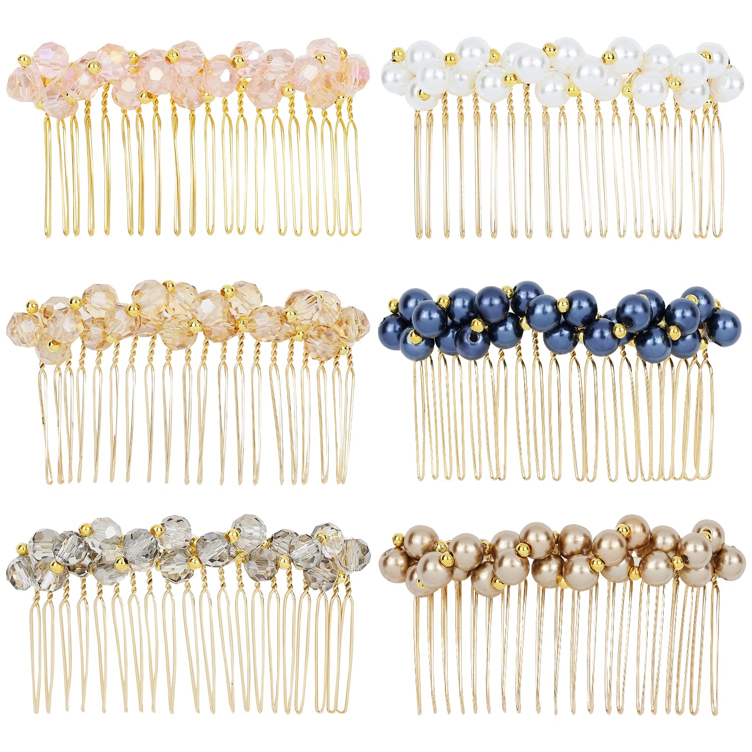 Lawie 6 Pack Luxury Fancy Jeweled Gems Crystal Diamond Pearl Rhinestone Glitter Sparkly Decorative Metal Side Hair Combs Teeth S