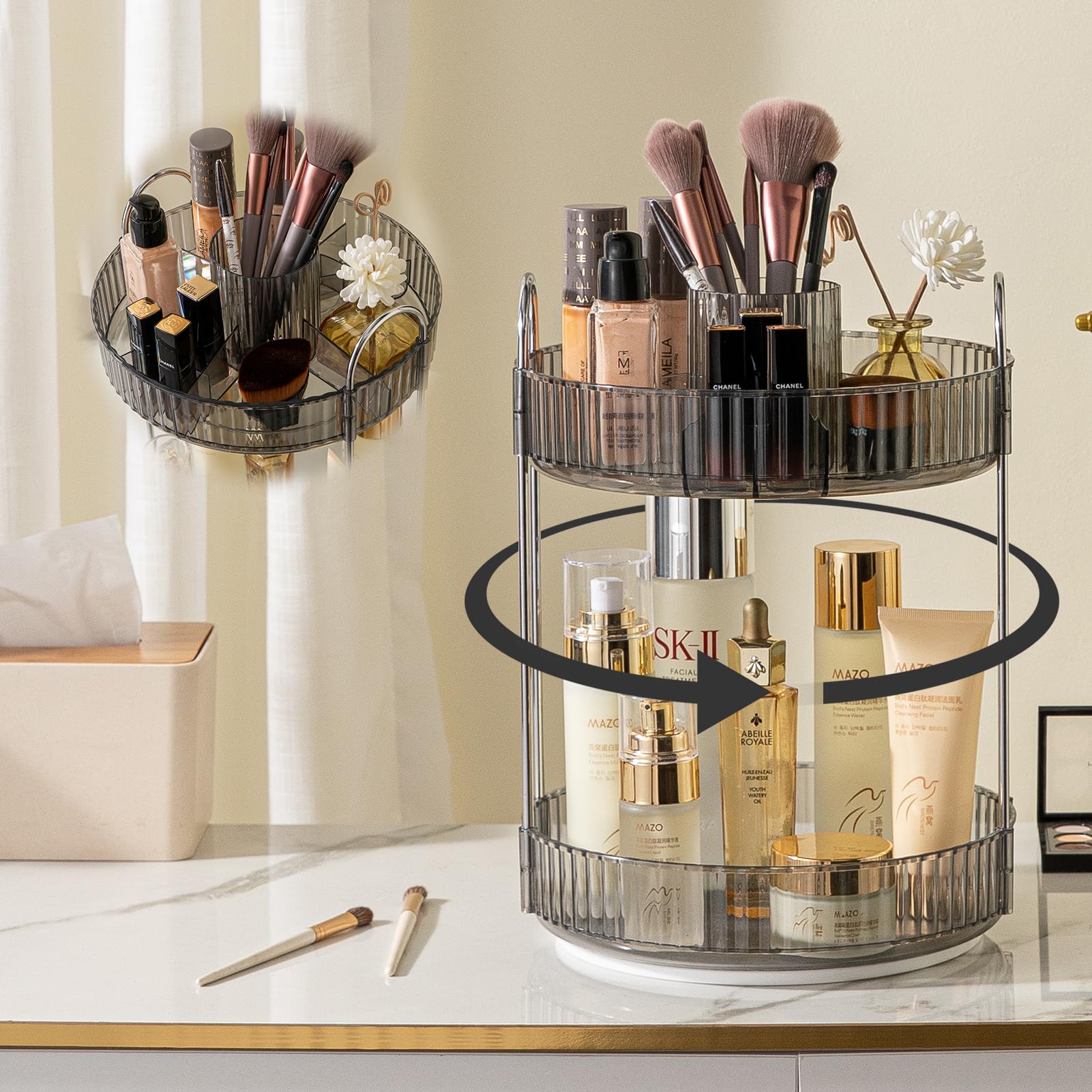 Shuang Qing 360 Rotating Makeup Organizer, High-Capacity Bathroom Countertop Vanity Organizers, 2 Tier Spinning Skincare Storage