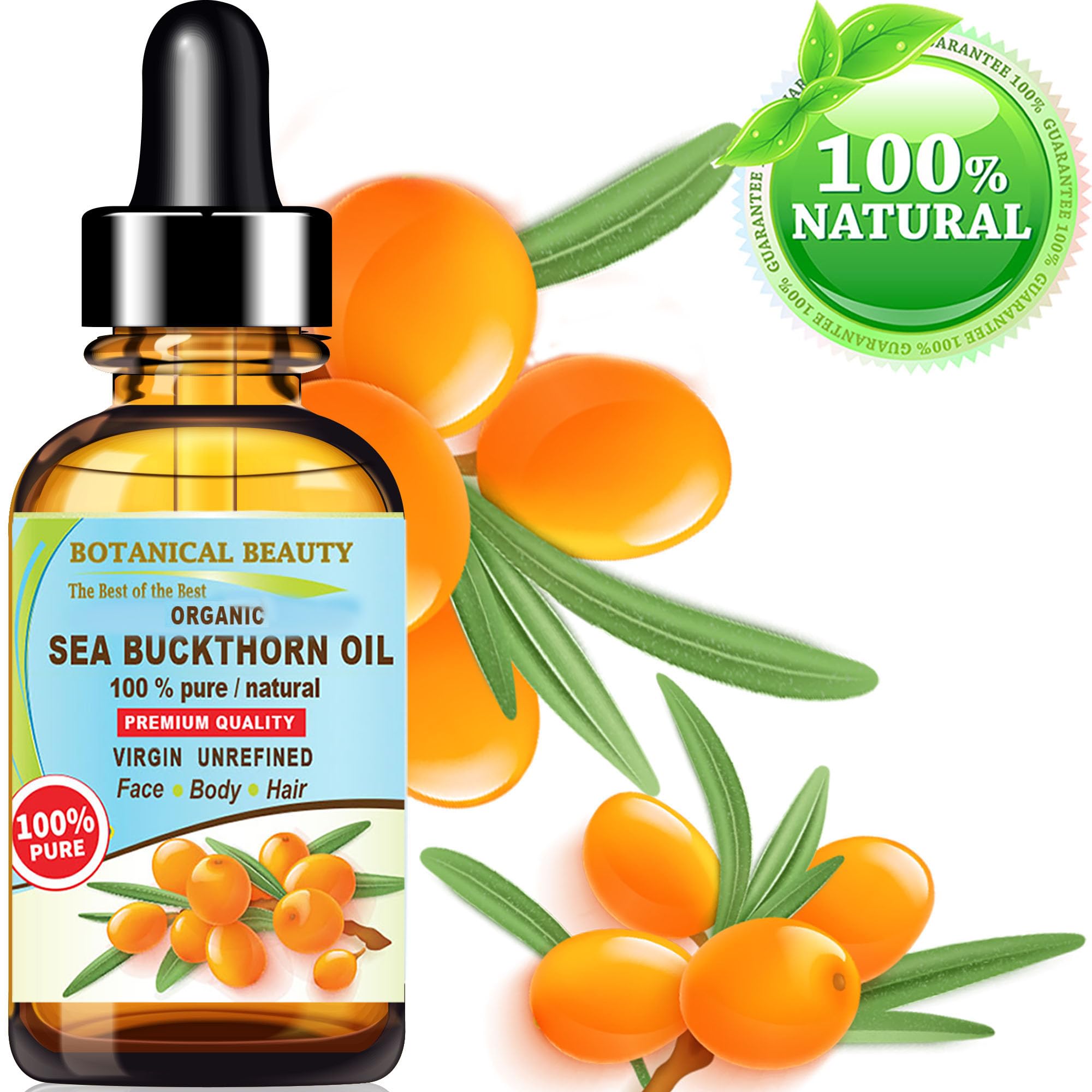 Botanical Beauty Organic Sea Buckthorn Oil 100% Pure Natural Virgin Unrefined Cold Pressed Carrier Oil 0.33 Fl. Oz.- 10 Ml For F