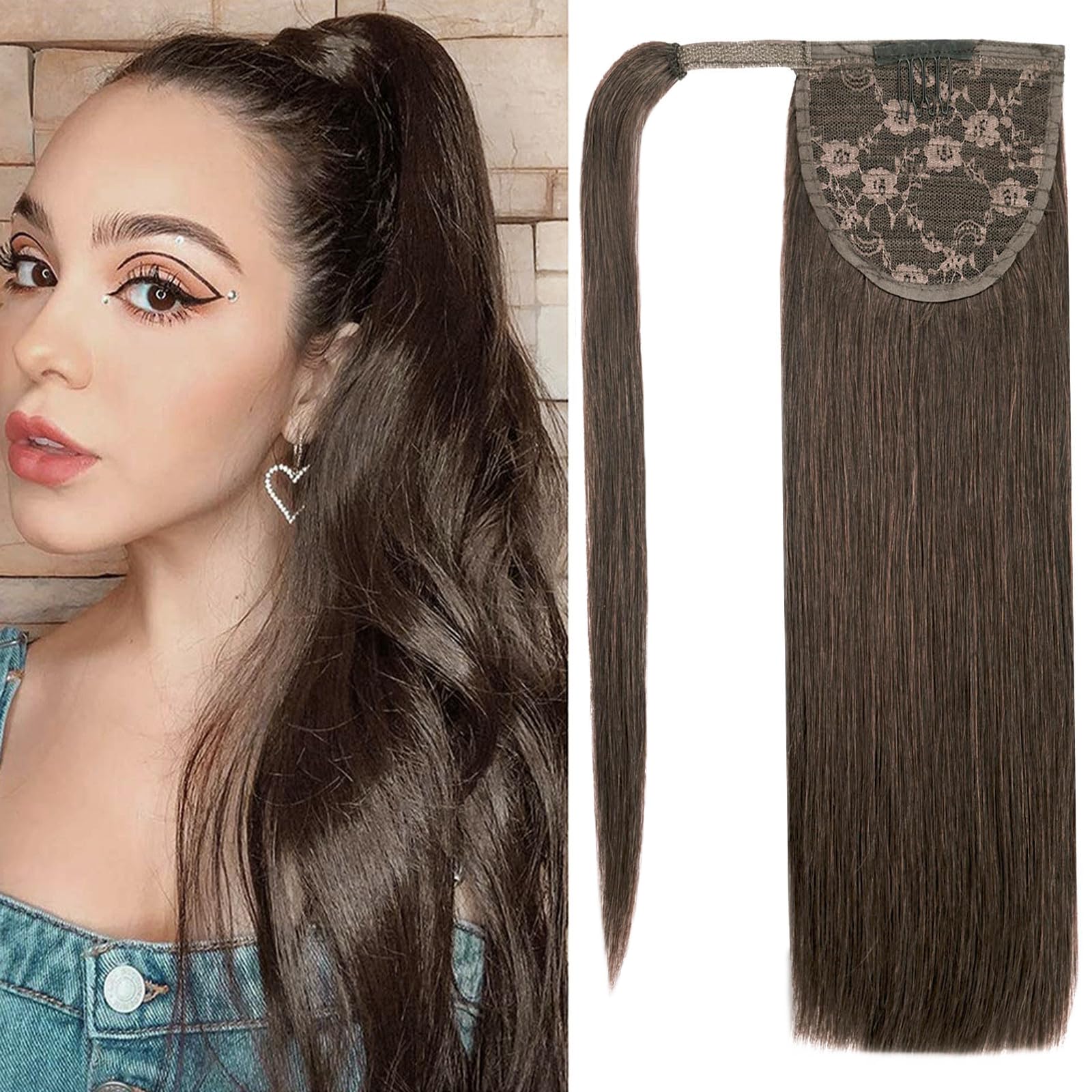14 inch Ponytail Extension Human Hair 70g #2 Dark Brown 100% Remy Human Hair Ponytail Long Straight Wrap Around Ponytail Human H