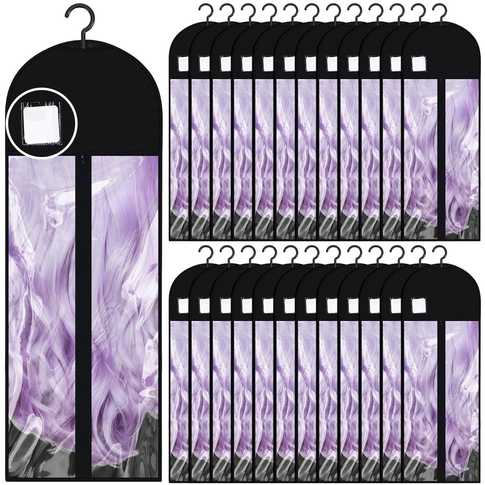 Thinkday 24 Pcs Extra Long Wig Storage Bags Bulk with Hanger and Labels 31.5 Inch Wig Storage for Multiple Wigs for Home Travel 