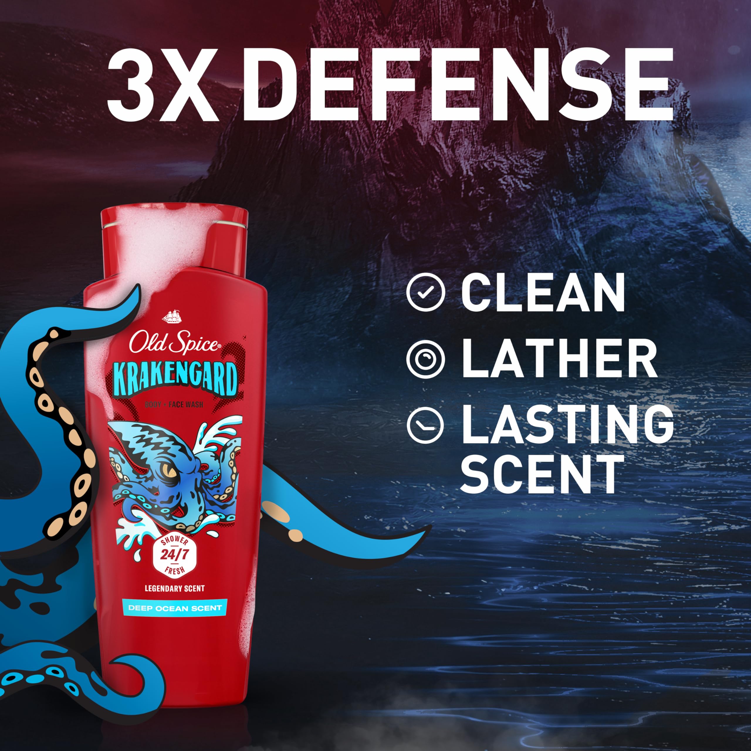 Old Spice Cleansing Body Wash for Men, 3X Defense, 24/7 Shower Fresh with Lasting Scent, 2-in-1 Body & Face Wash, Krakengard wit