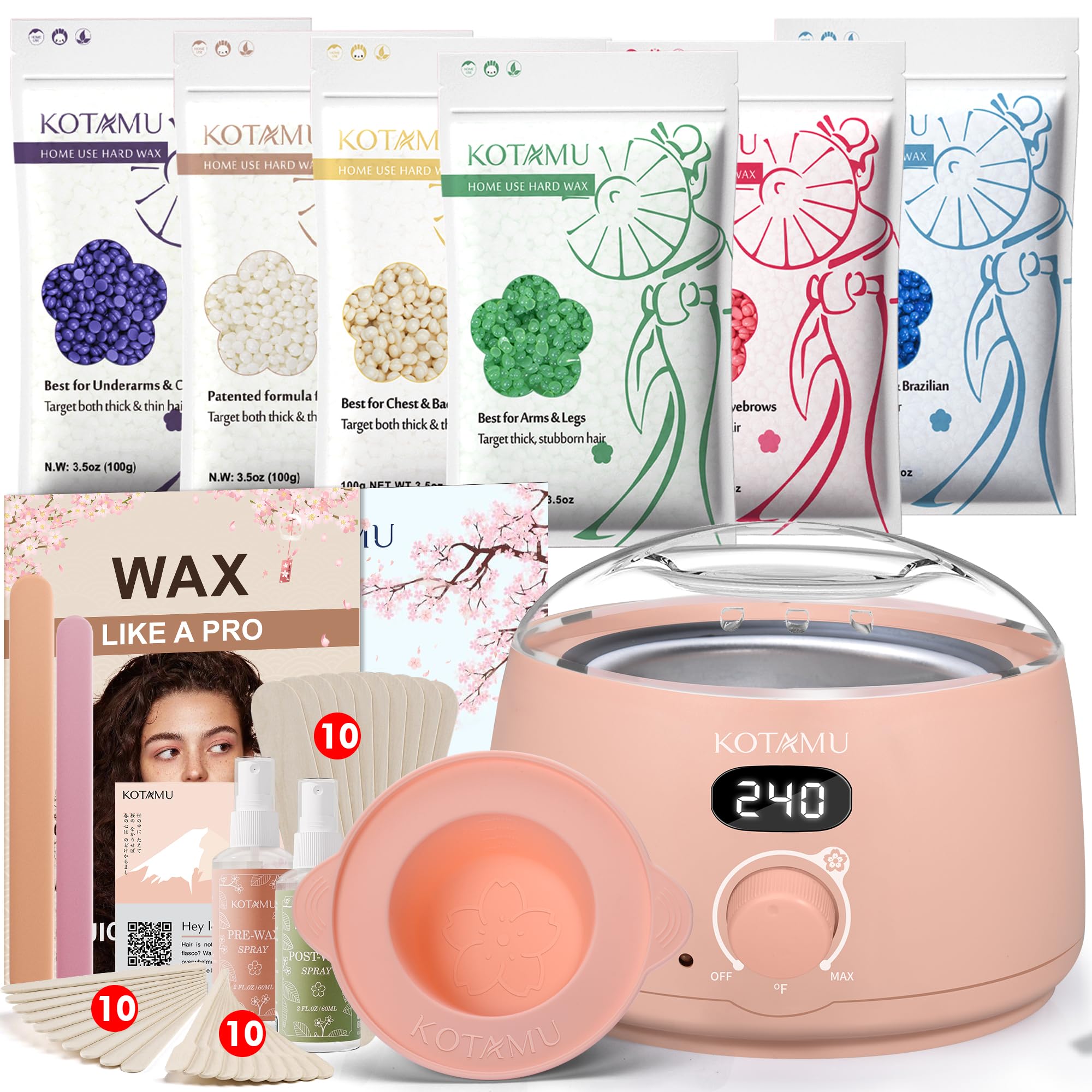 KOTAMU Wax Kit, Waxing Kit for Women Men Hair Removal, Digital Wax Machine for Face Eyebrow Bikini Brazilian Leg Body &Sensitive