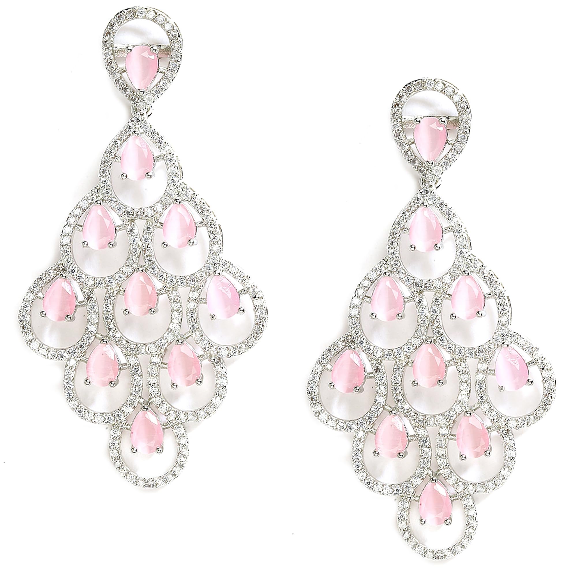 Zeneme Rhodium Plated Silver Toned American Diamond Studded Contemporary Drop Earrings Jewellery (Pink) For womens