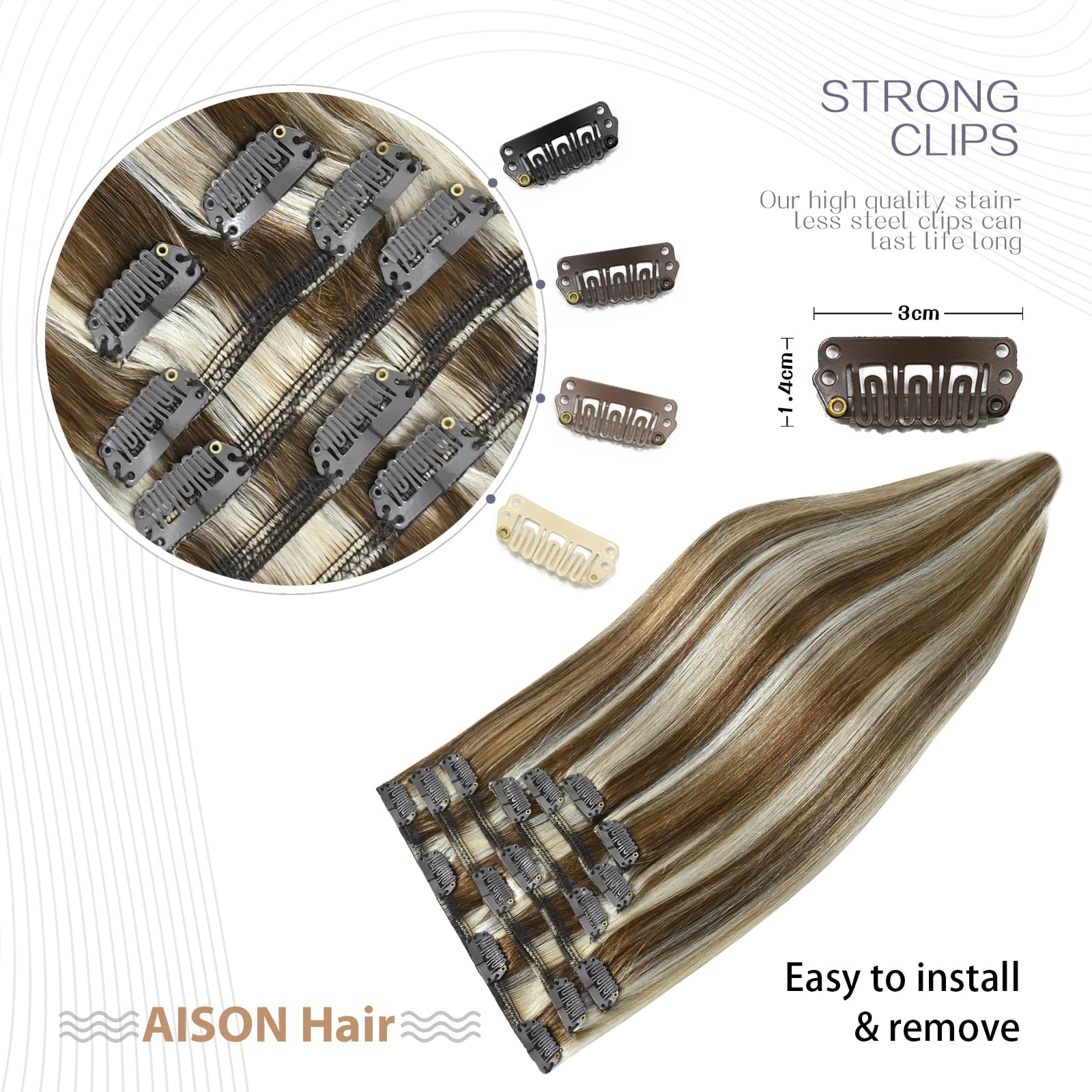 20 Inch Clip in Hair Extensions 70G Light Brown to Blonde Highlights 100% Remy Human Hair Extensions 7A Soft Silky Straight 7pcs