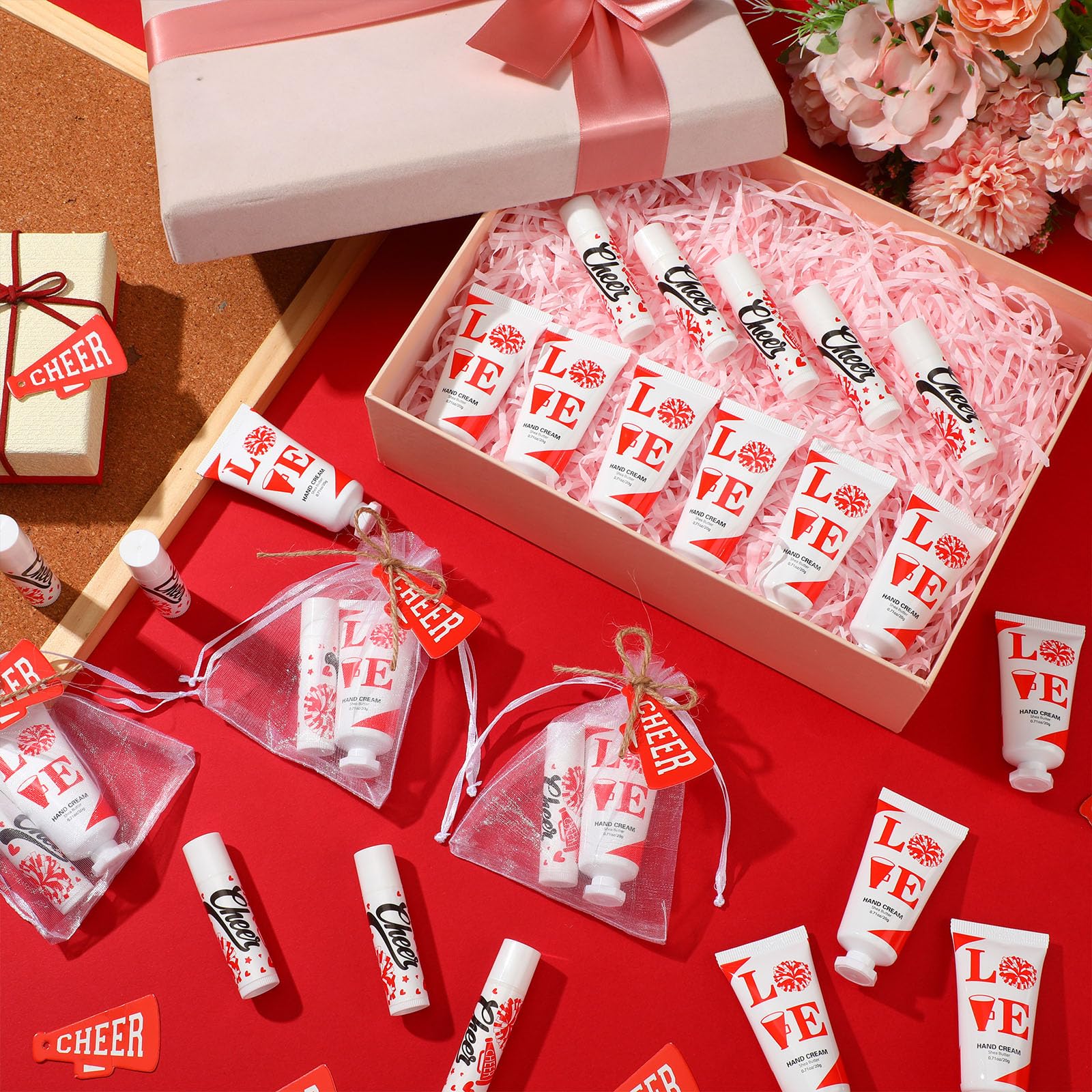 Heigble 144 Pcs Red Cheer Lip Balm Hand Cream Set Party Favors Cheer Teams Camp Gifts Include 36 Lip Balm 36 Moisturizing Hand C