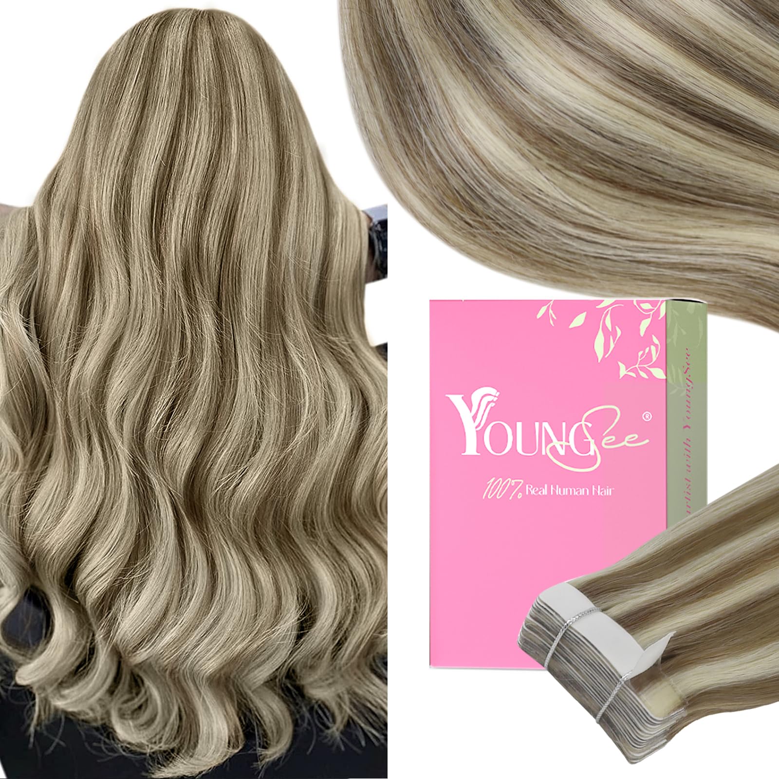YoungSee Tape in Hair Extensions Real Human Hair Brown Highlight Hair Extensions Tape Light Brown And Blonde Highlight Tape in H