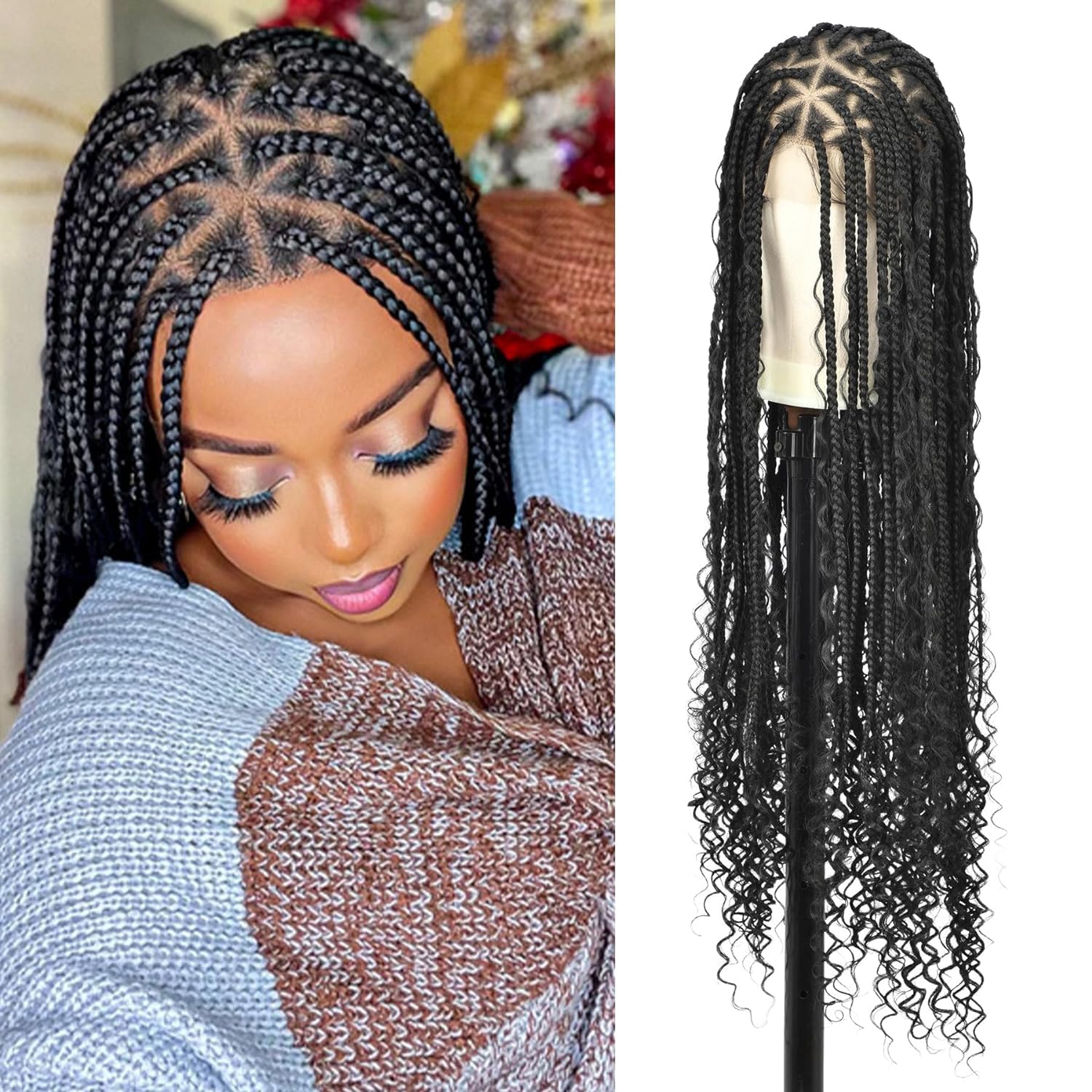 Olymei Boho Braided Wig Box Braid Wig Triangle Knotless Braided Wigs for Women Box Braid with Boho Curls Wig Braided Lace Front 