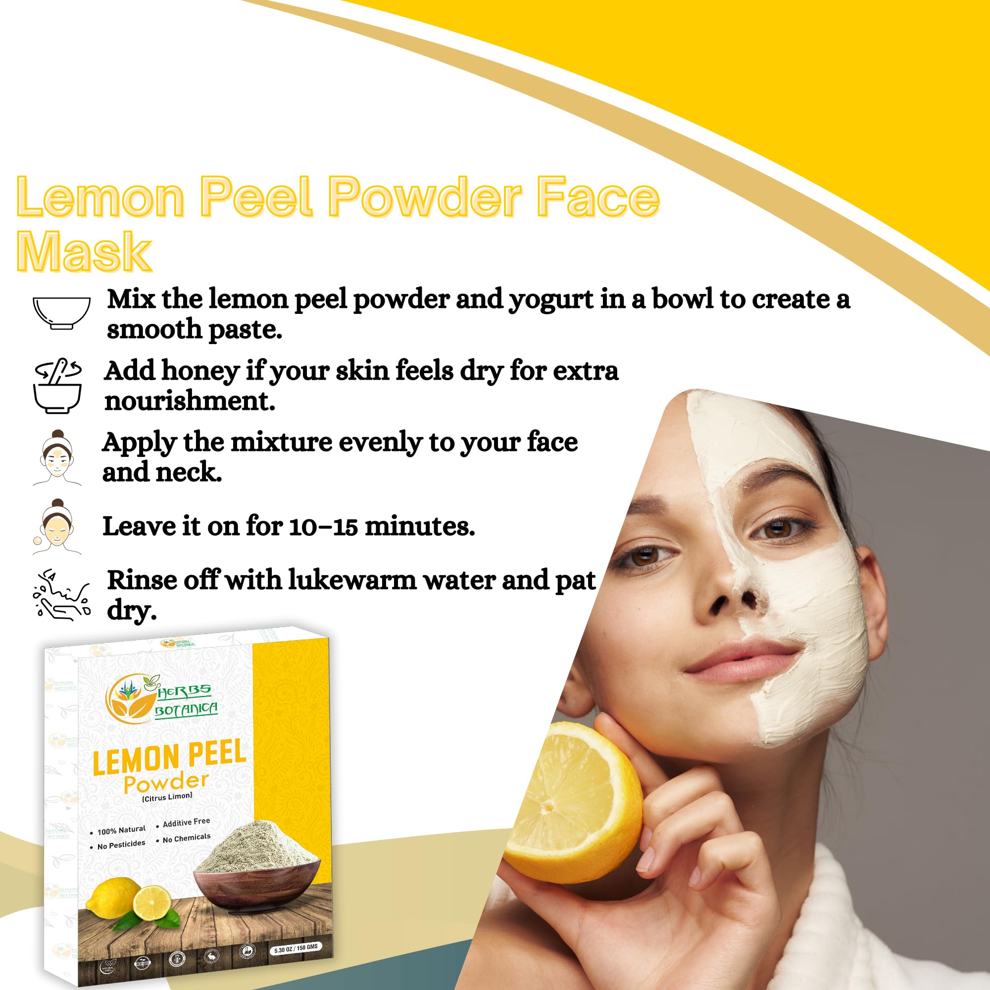 Herbs Botanica Organic Lemon Peel Powder Citrus Peel Organic 5.3 Oz /150 Gms 100% Natural | Anti Tan Face Mask, Face Pack