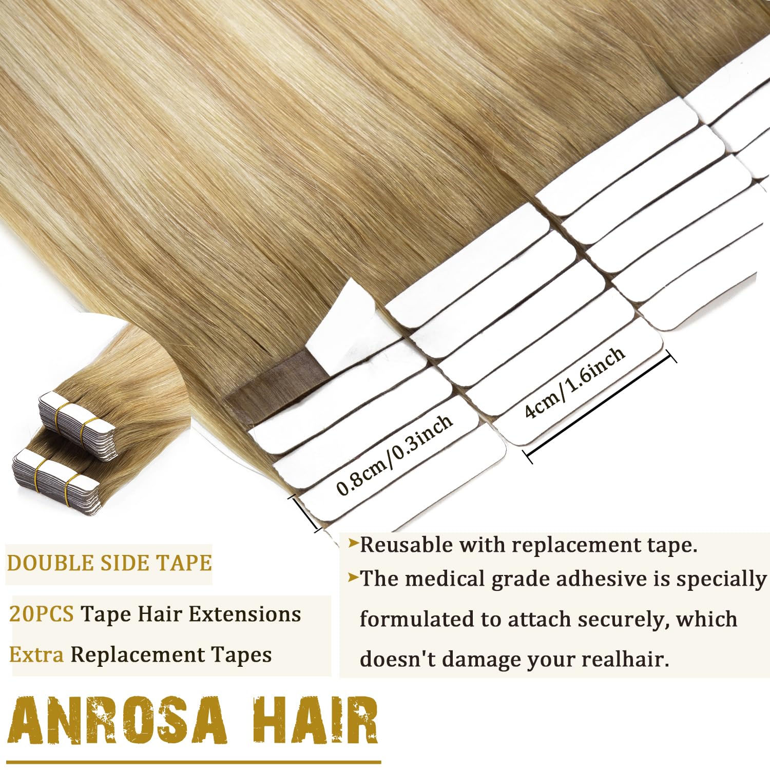 Anrosa Tape In Hair Extensions Human Hair 16 Inch Balayage Seamless Tape On Hair Skin Weft Color 8 Ash Brown Fading To 12 Dark D