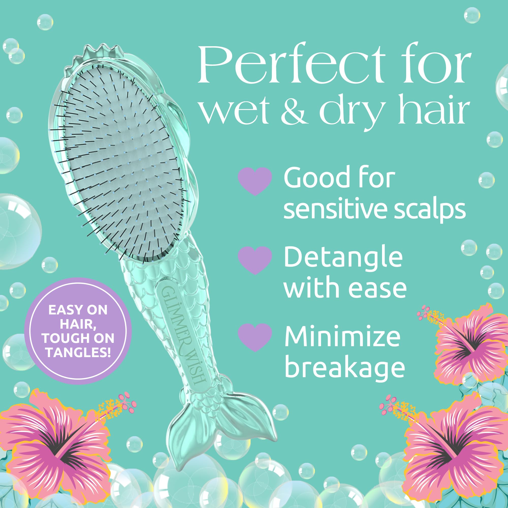 Glimmer Wish Mermaid Detangling Hair Brush For Kids - Anti Frizz And Anti Static - Soft And Long Bristles To Detangle With Ease