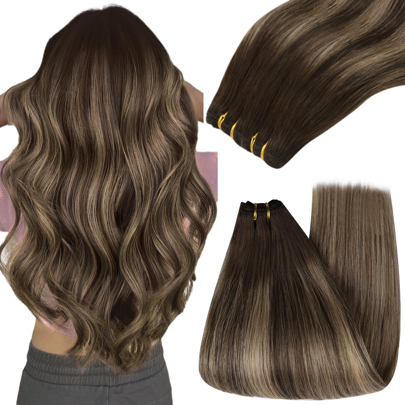 YoungSee Weft Hair Extensions Balayage Human Hair Sew in Extensions Dark Brown Fading to Caramel Blonde Mix Brown Balayage Sew i