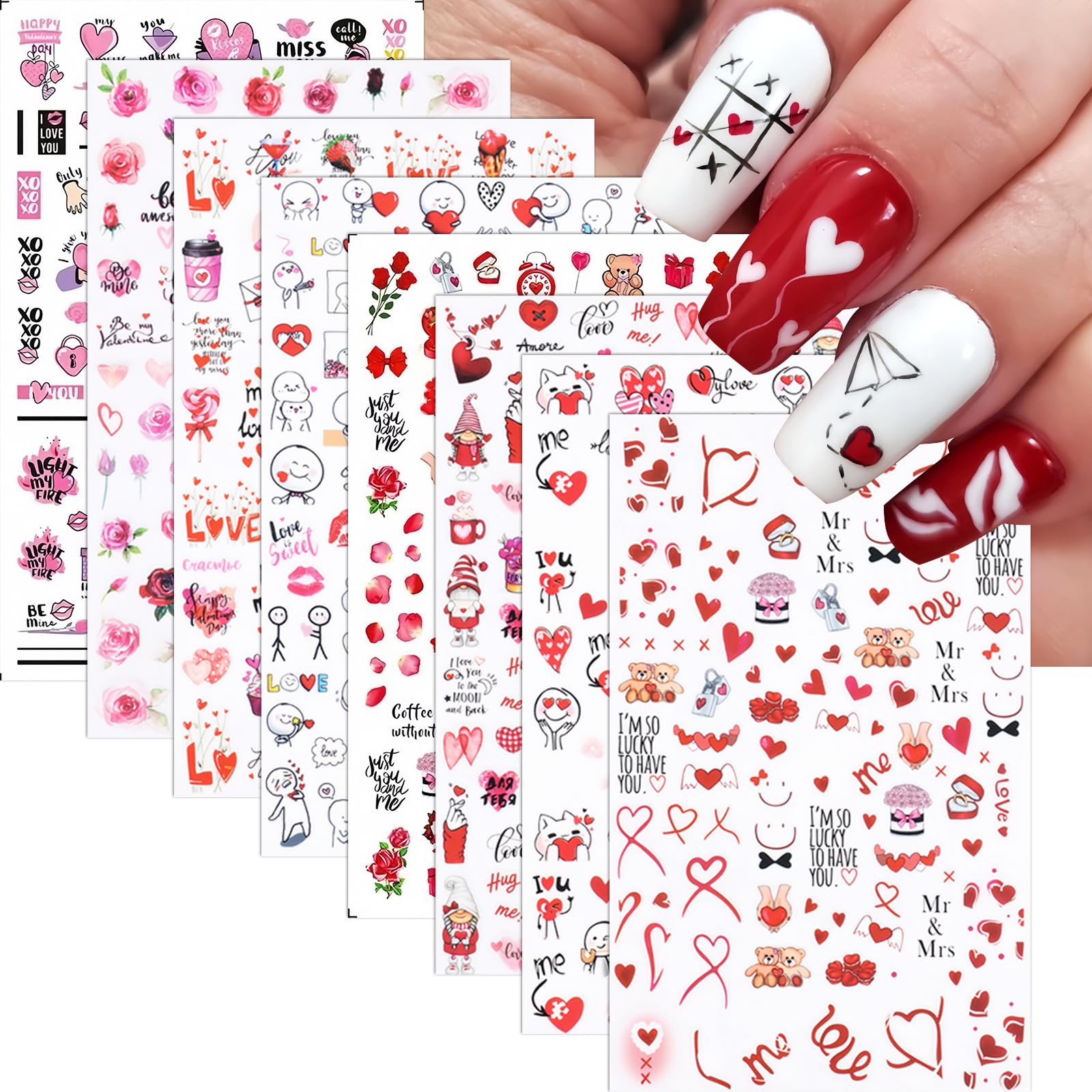 8Pcs Love Heart Nail Art Stickers Valentine's Day 3D Self-Adhesive Nail Decals Sexy Lips Nail Supplies with Rose Bears Valentine