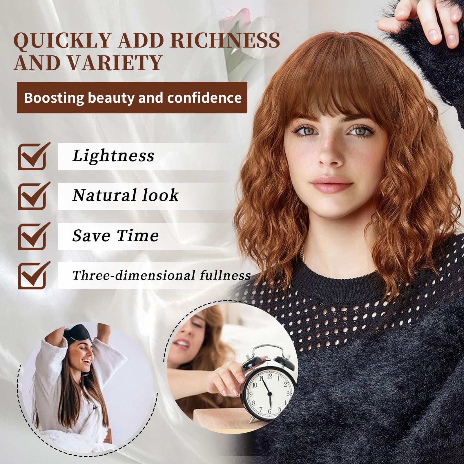 Lativ Auburn Wig With Bangs Short Bob Wigs For Women Shoulder Length Ginger Wavy Curly Wigs Synthetic Fiber Wigs 14 Inches For D