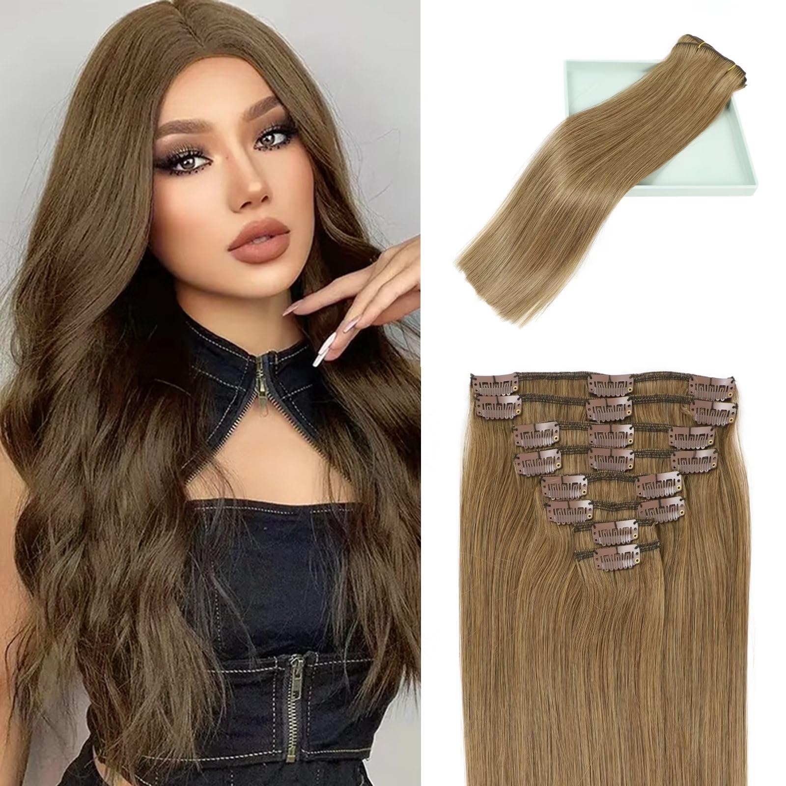 LORIEN Clip in Hair Extensions Real Human Hair, 18 Inch 100g, 6 Medium Brown, Clip in 100% Brazilian Remy Human Hair Extensions 
