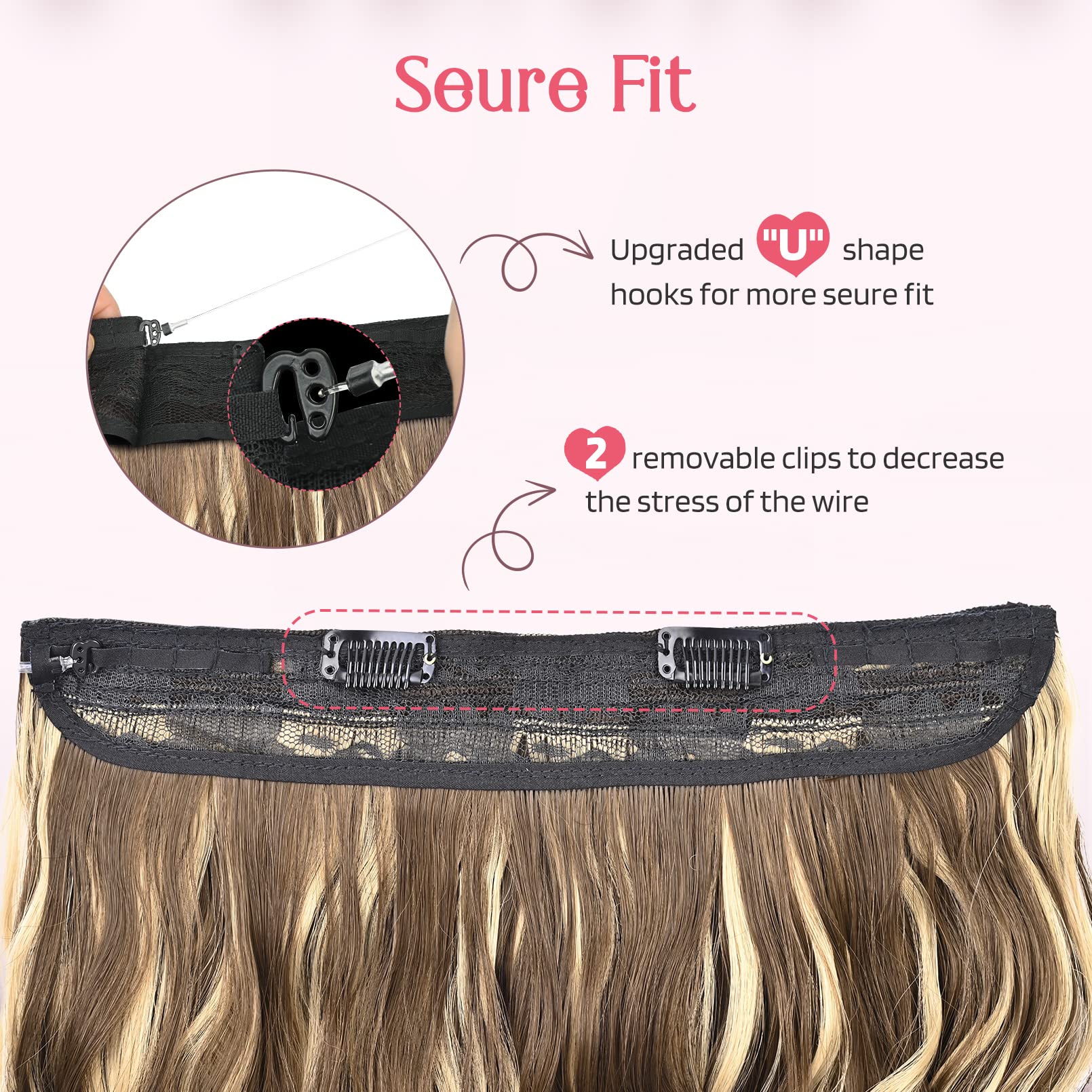 HOOJIH Wire Hair Extensions with 2 Removable Clips 20 Inch Wavy Curly Hair Invisiable Transparent Wire Extensions Hairpieces for