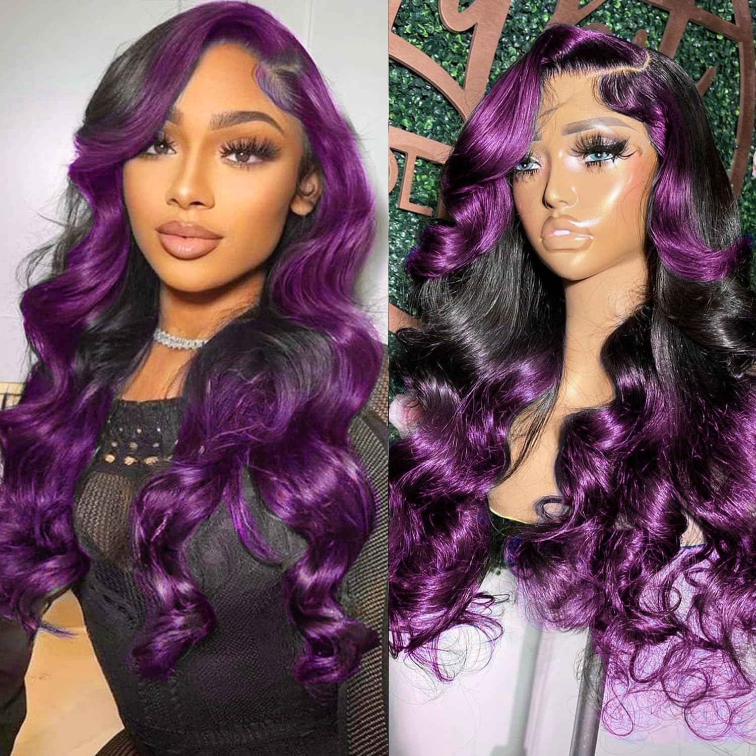 GOLDFINCH Skunk Stripe Wigs Human Hair Lace Front Purple Highlights Wig 13x4 HD Dark Burgundy Highlight Body Wave 150% Density P