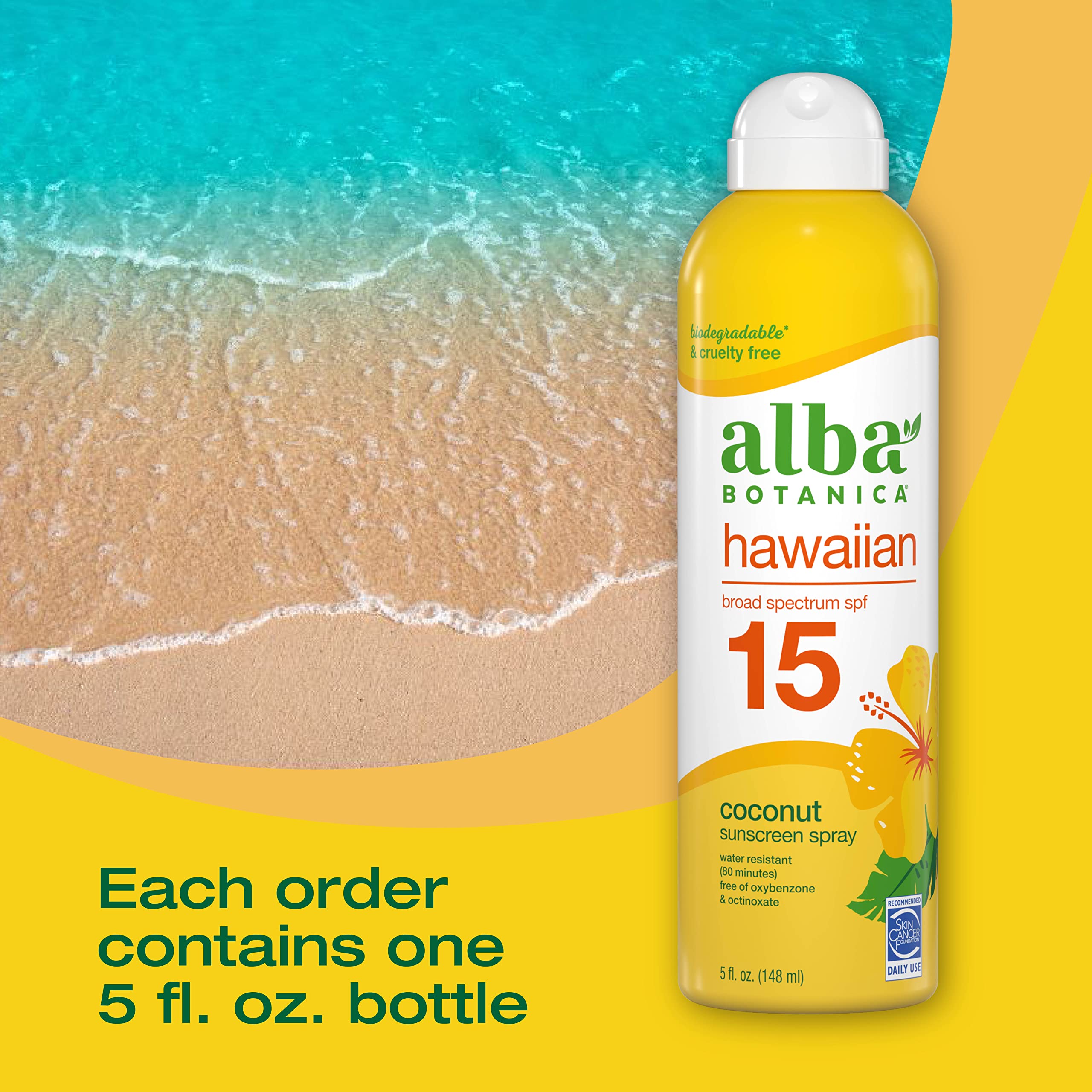 Alba Botanica Sunscreen Spray For Face And Body, Broad Spectrum Spf 15 Sunscreen, Hawaiian Coconut, Water Resistant And Biodegra