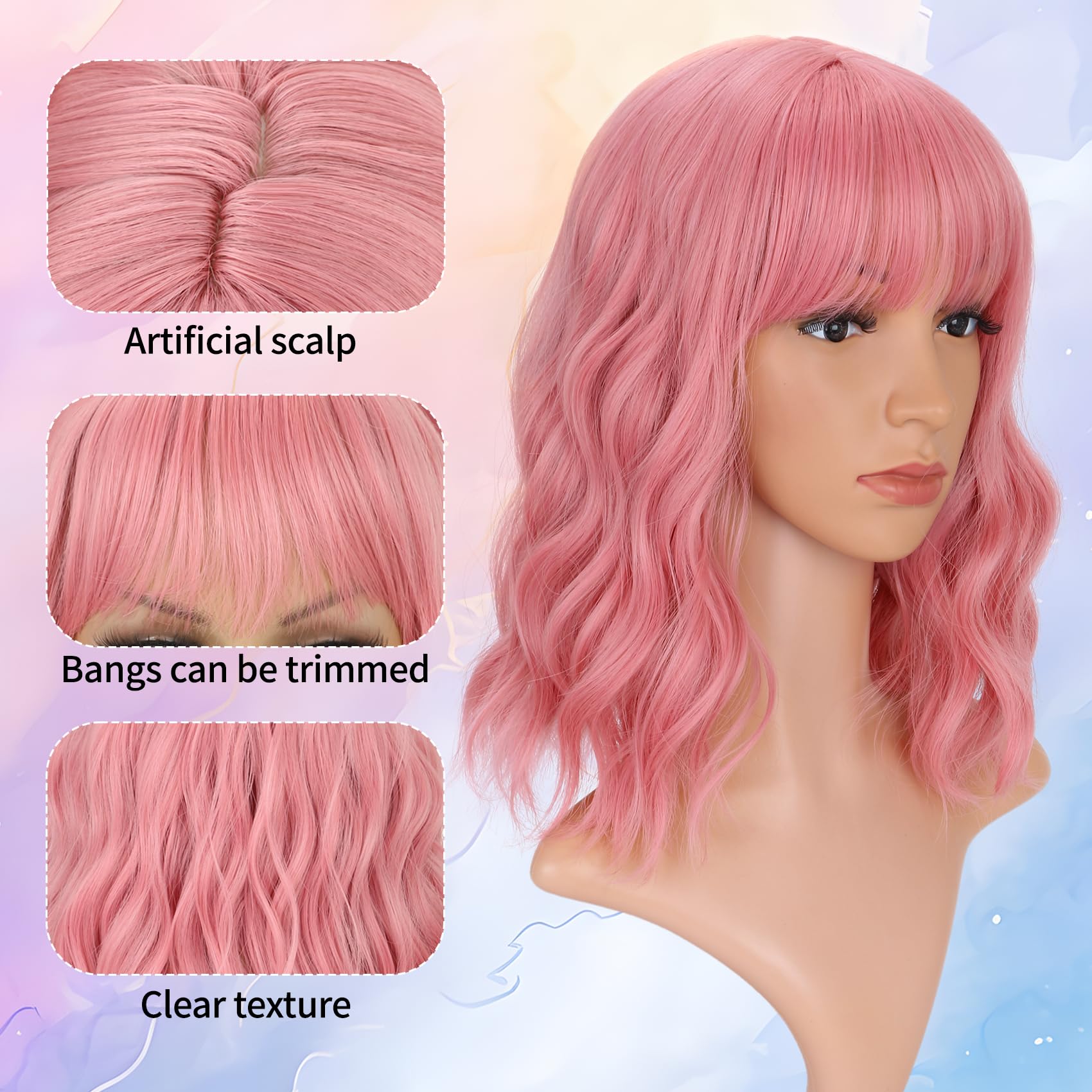 Vckovcko 14Inches Loose Wave Bob Wig Wavy Pink Bob Wig With Air Bang Curly Hair Wigs Synthetic Cosplay Party Wigs For Women (14I