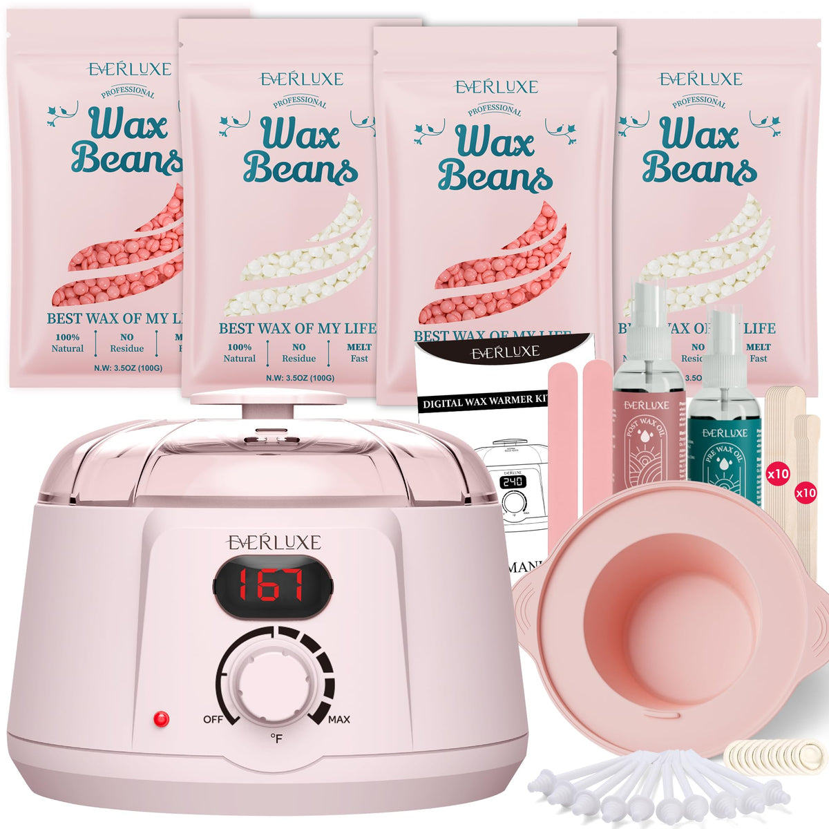 EVERLUXE Waxing Kit Wax Warmer for Hair Removal with Silicone Wax Warmer Liner, Digital Wax Machine Hard Wax Kit for Full Body, 