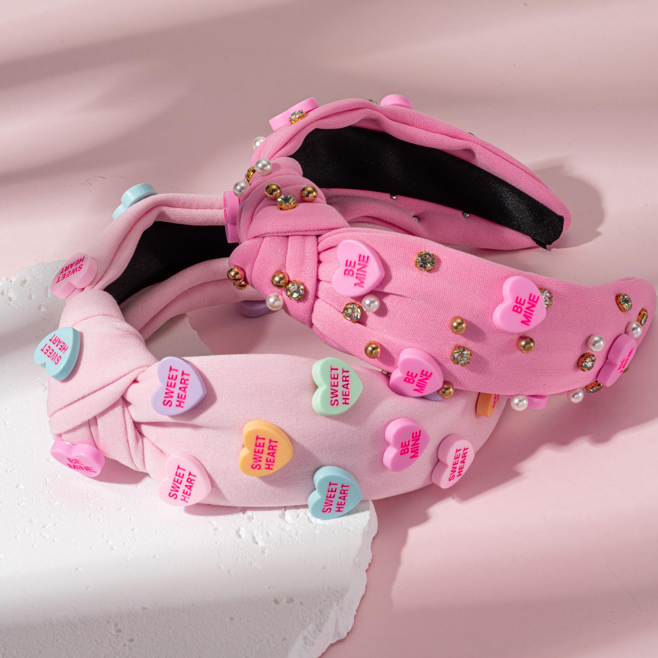2Pcs Valentine's Day Heart Candy Embellished Headband Conversation Heart Charm Knotted Headband Non Slip Wide Top Knot Fashion H