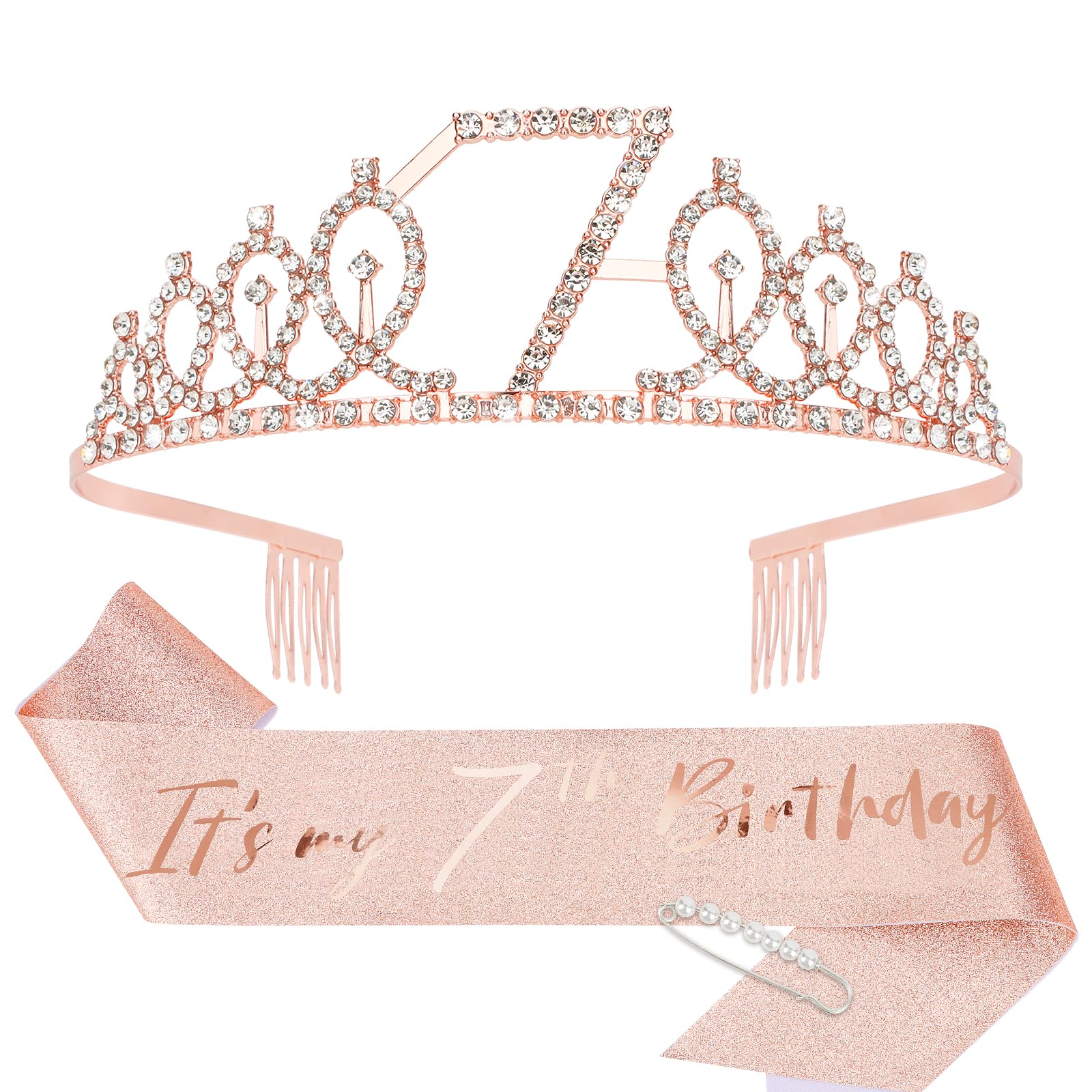 CIEHER 7th Birthday Crown + Sash + Pearl Pin Set, Girls' 7th Birthday Gifts and Happy Party Decorations