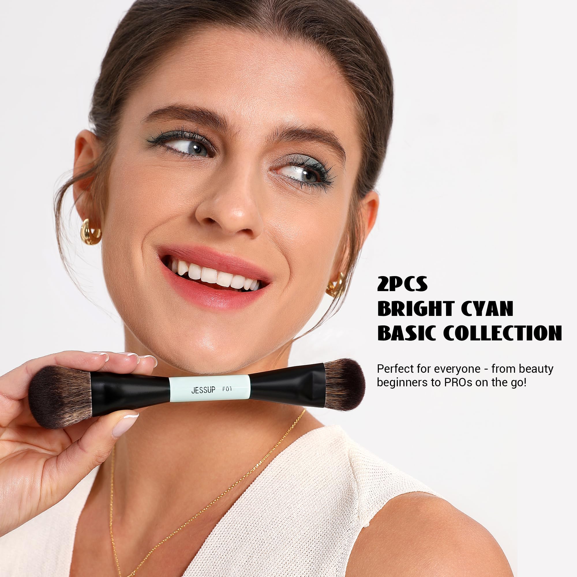Jessup Makeup Brushes 2Pcs Double Sided Foundation Brush Contour Brush Dual Ended Eye Blending Brush, Multi-Functional Cosmetic
