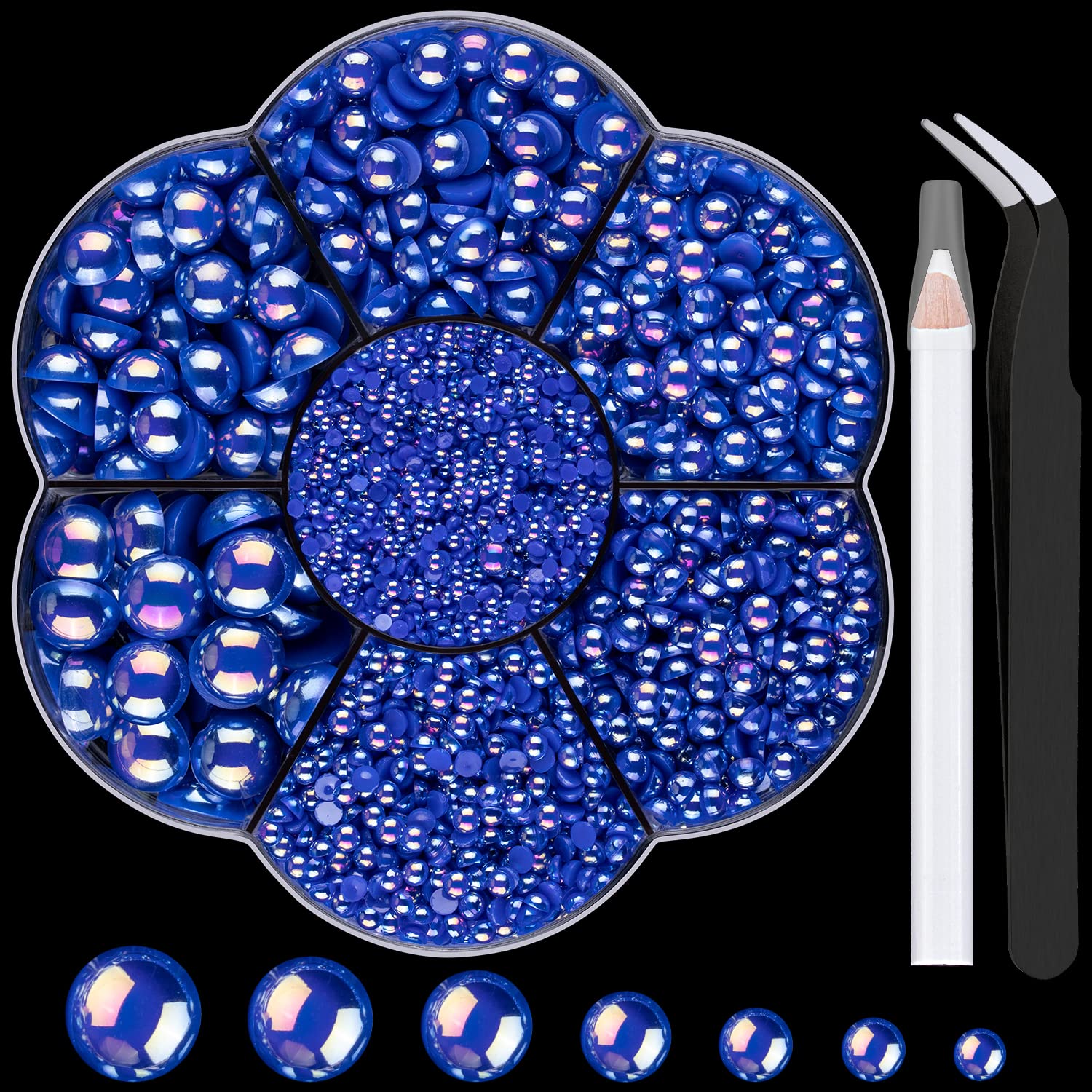 Nail Art Flat Back Half Round Pearl Kits 18, 1 Box of 5600 Pcs Flat-Back Ryoal Blue AB Pearl with Tweezer and Picker Pencil for