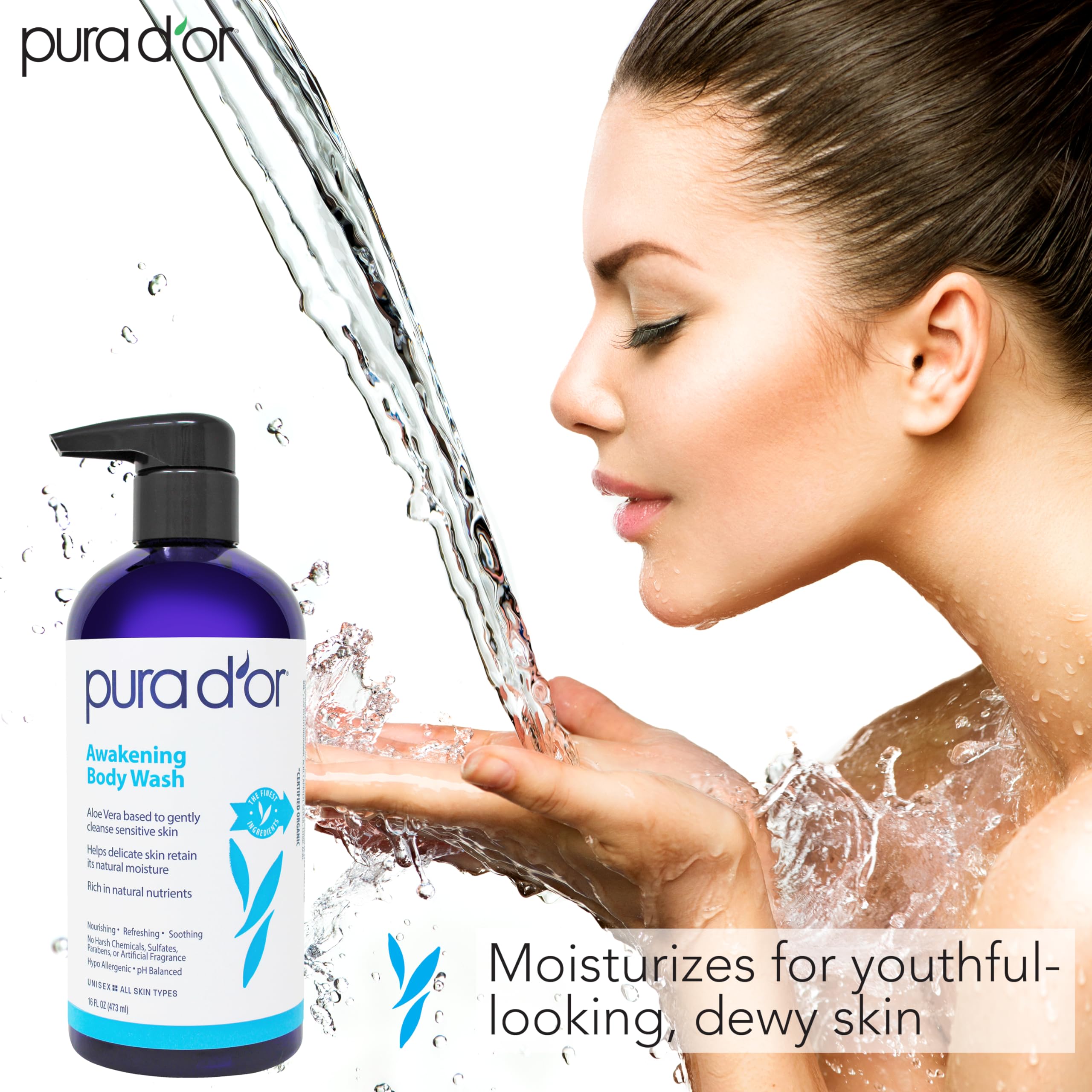 Pura D'Or Awakening Body Wash (16Oz X2 = 32Oz) Aloe Vera, Chamomile, Lavender, Tea Tree For Invigorating Earthy Scent, Ph Balanc