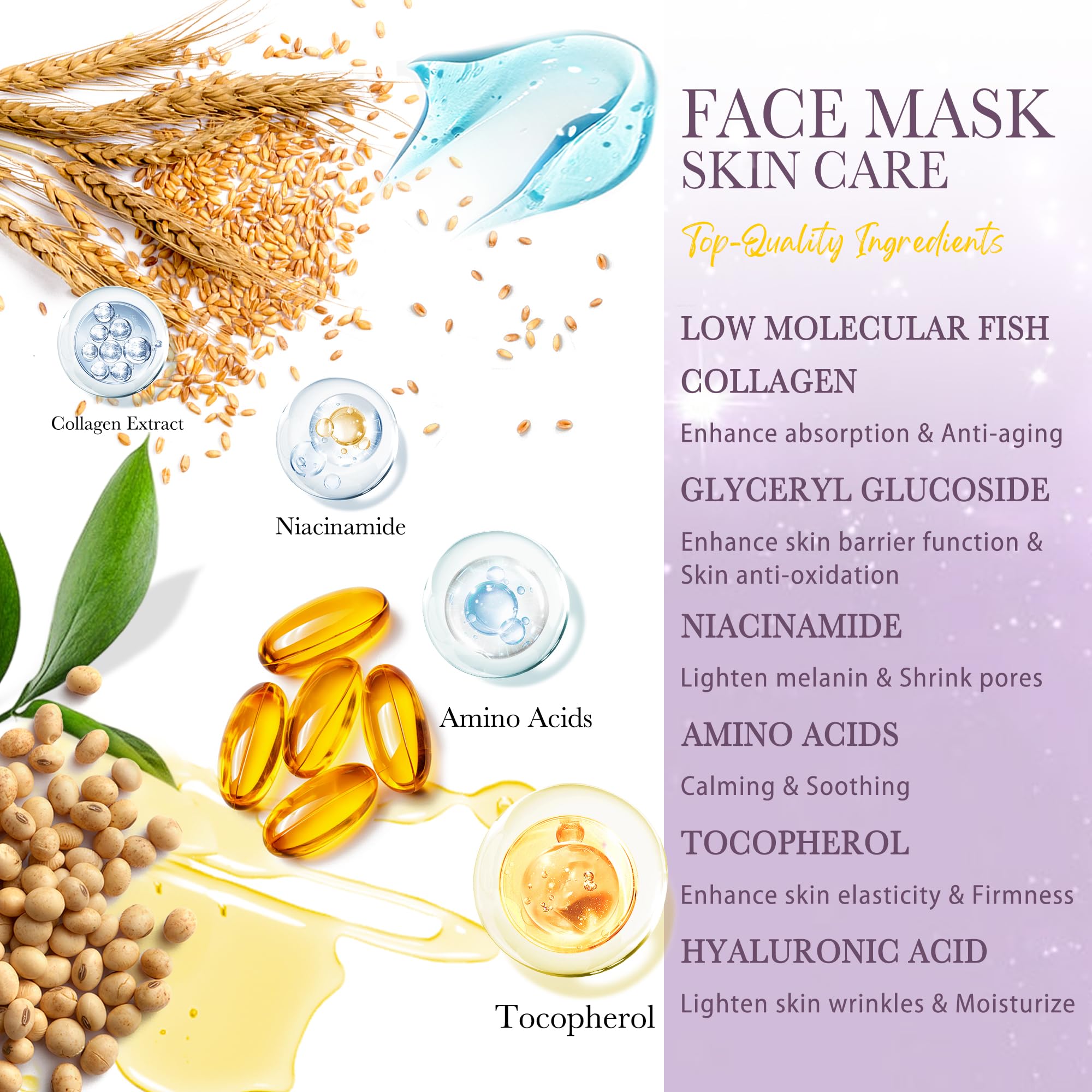 Deep Bio-Collagen Real Mask 34g*6ea, Facial Hydrogel Masks with Low Molecular Weight Collagen, Hydrating Overnight Mask for Mois