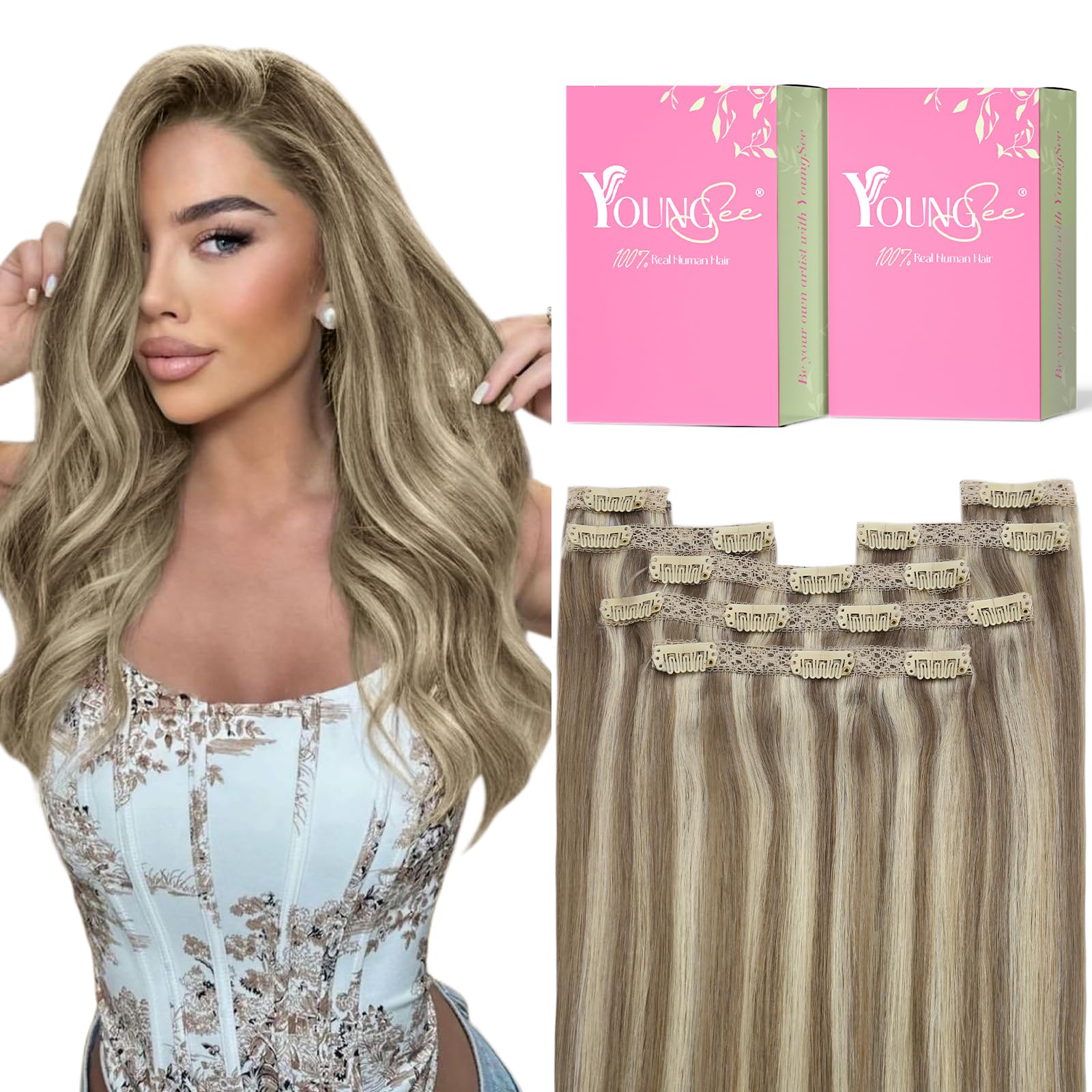 YoungSee Clip in Extension Highlight Lace Clip in Hair Extensions Human Hair Light Brown with Blonde Real Hair Extensions Clip i