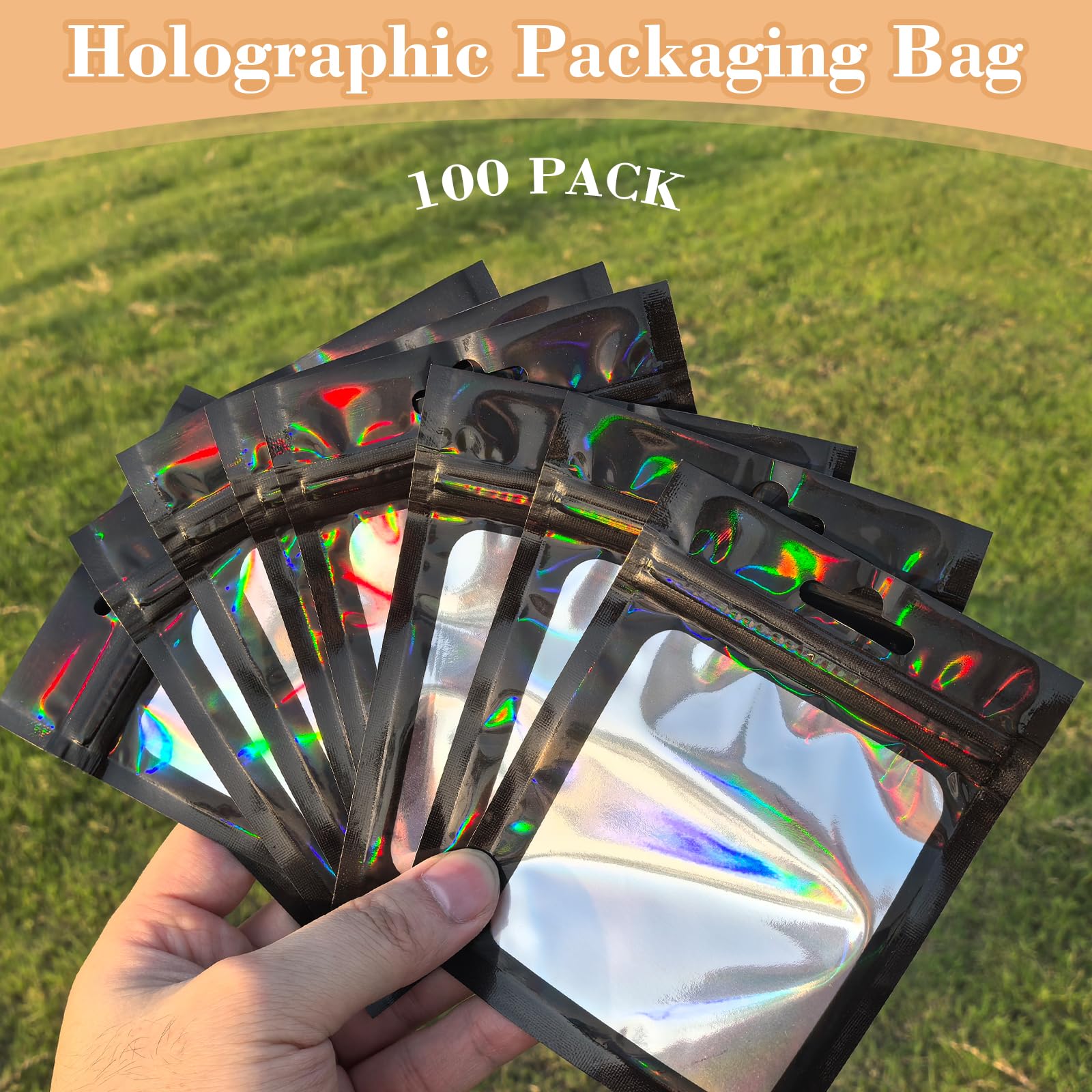 202pcs Press on Nail Packaging Bag, 100pcs Empty Holographic Nail Storage Bag and 100pcs Instruction&Display Black Cardboard wit
