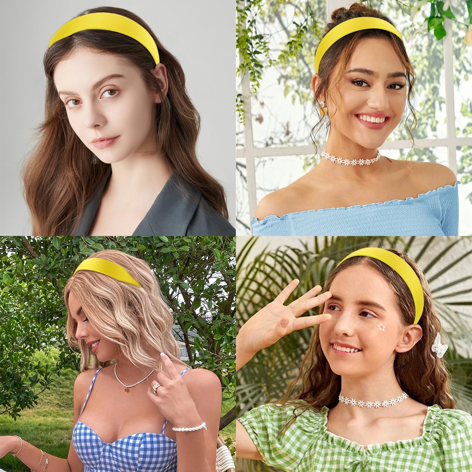 Wecoe Yellow Headband 1.2 Inch Wide Silk Satin Headband Women Non Slip Fashion Plain Head Band Solid Hair Band DIY Holiday Hair