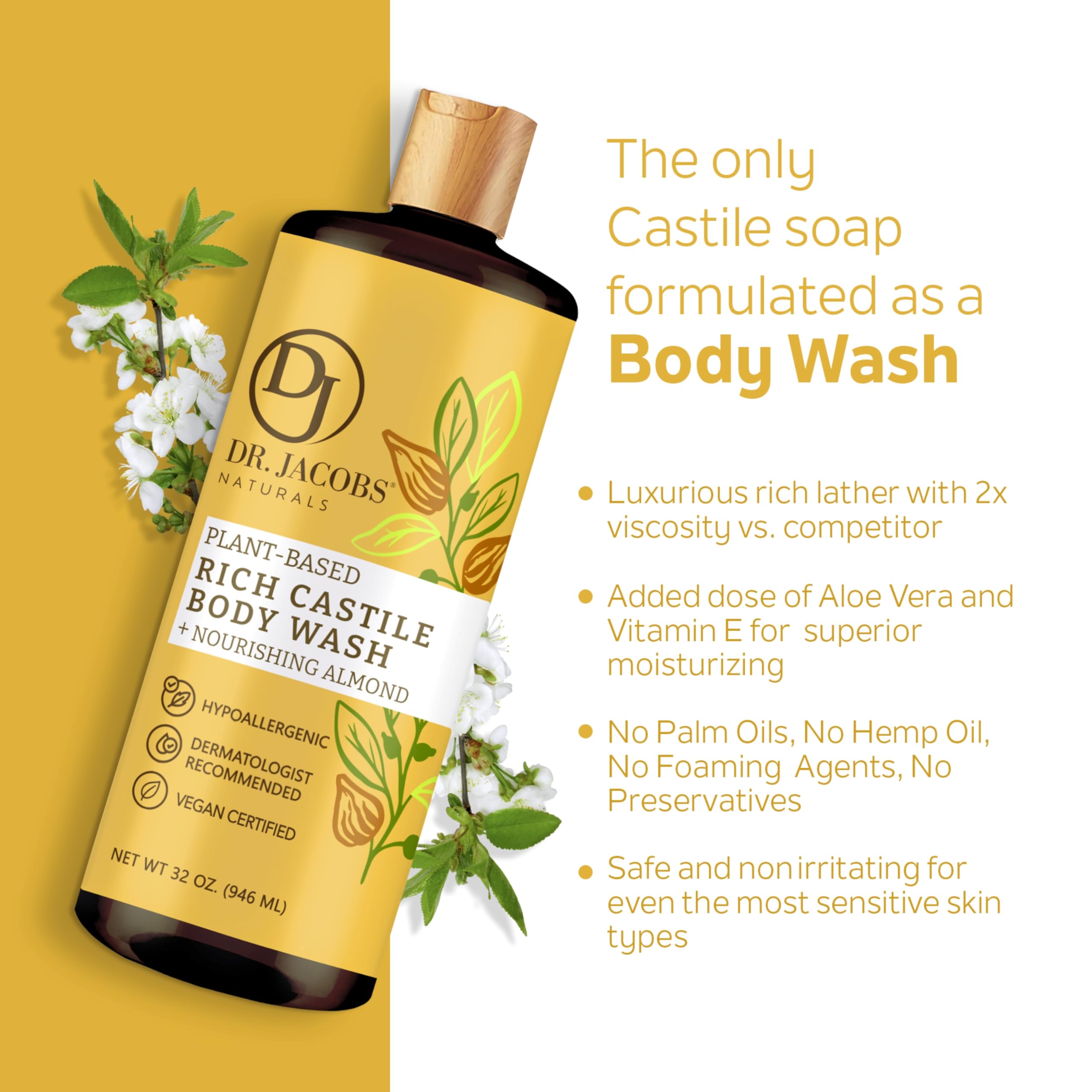 Dr Jacobs Naturals Pure Castile Liquid Soap Gel - Moisturizing (Almond Honey, 32 Oz 3-Pack) Made With Premium Organic Oils - Veg