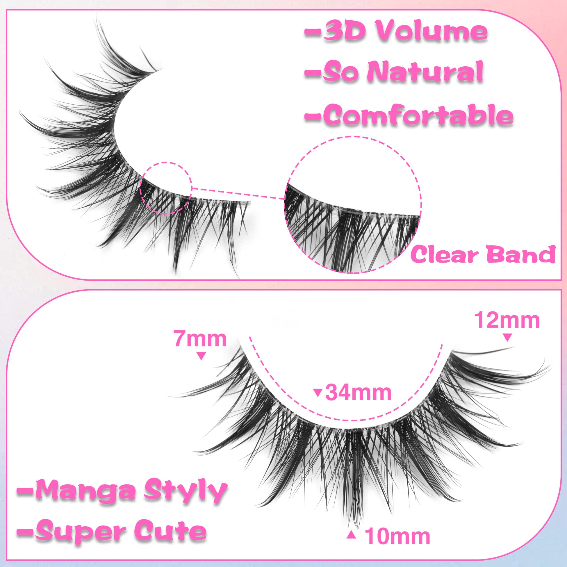Manga Lashes Natural Look Anime Lashes Cosplay False Eyelashes With Clear Band 3D Wispy Eyelashes Asian Japanese Korean Style Ma